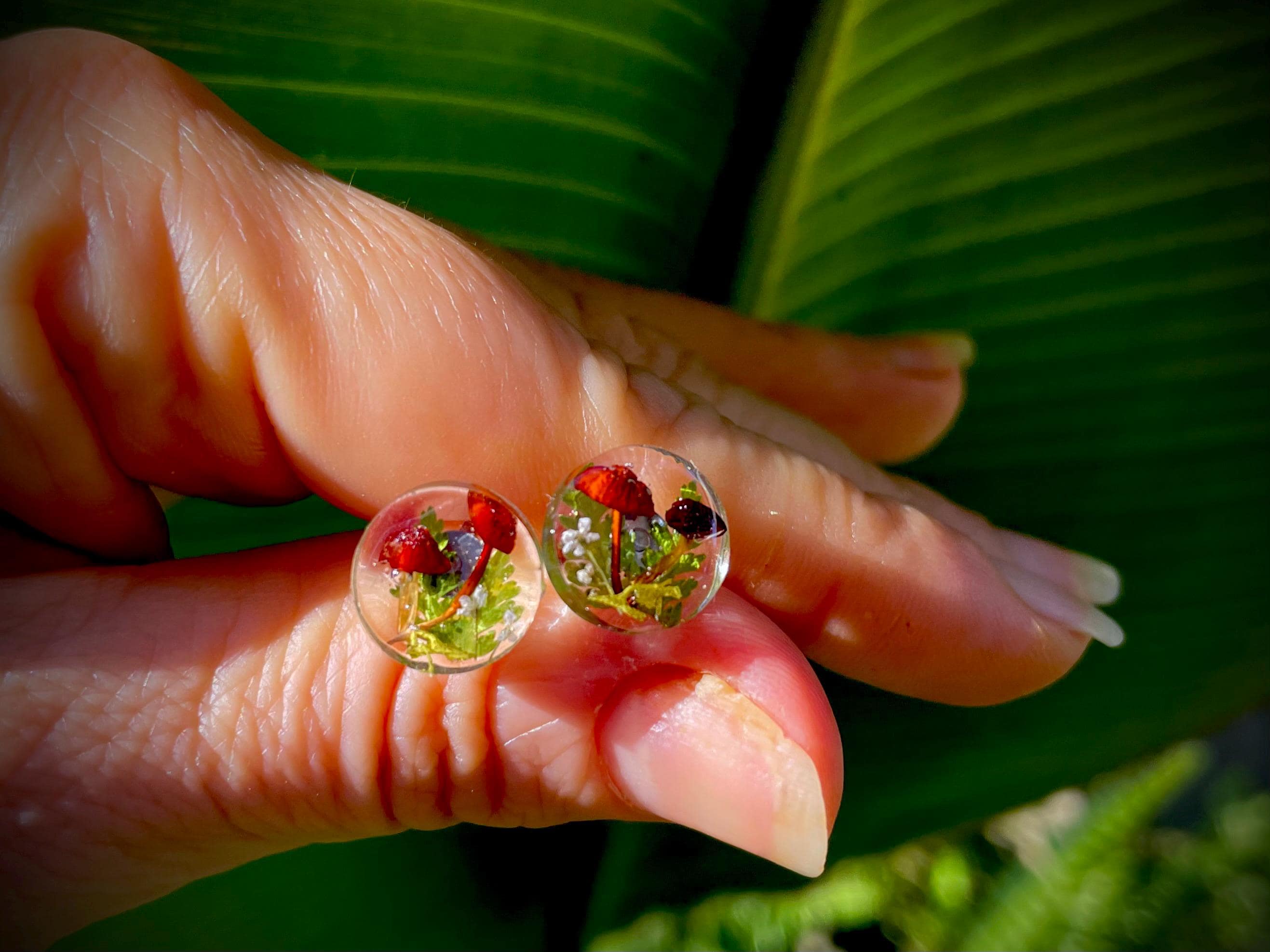 Men's Unique Stud Earrings: Hypoallergenic Real Mushroom Fern with Birthstone, Nature-Inspired Valentines gift