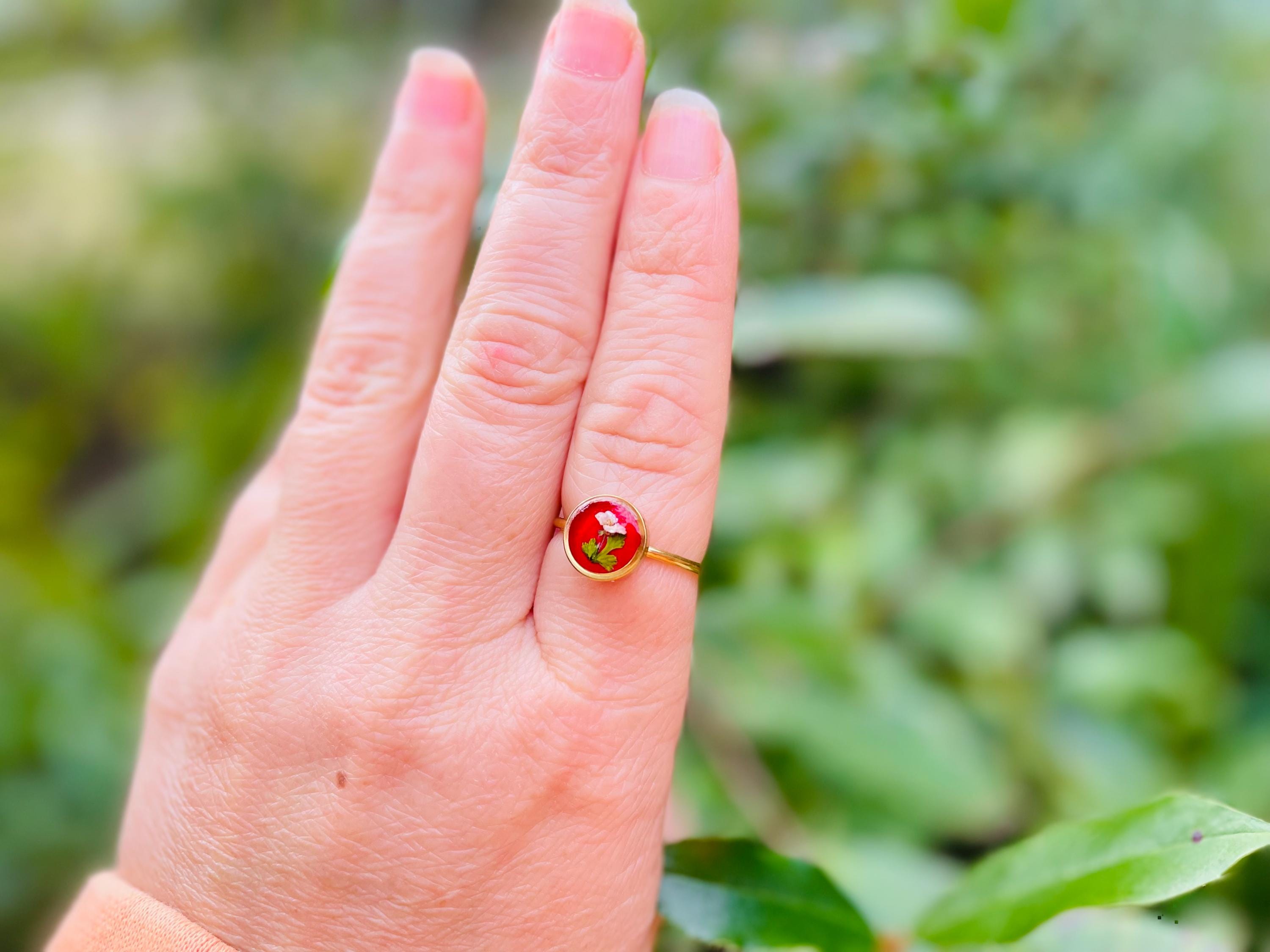 Personalized Birthstone Color Ring: Silver Adjustable Pressed Wildflower Jewelry
