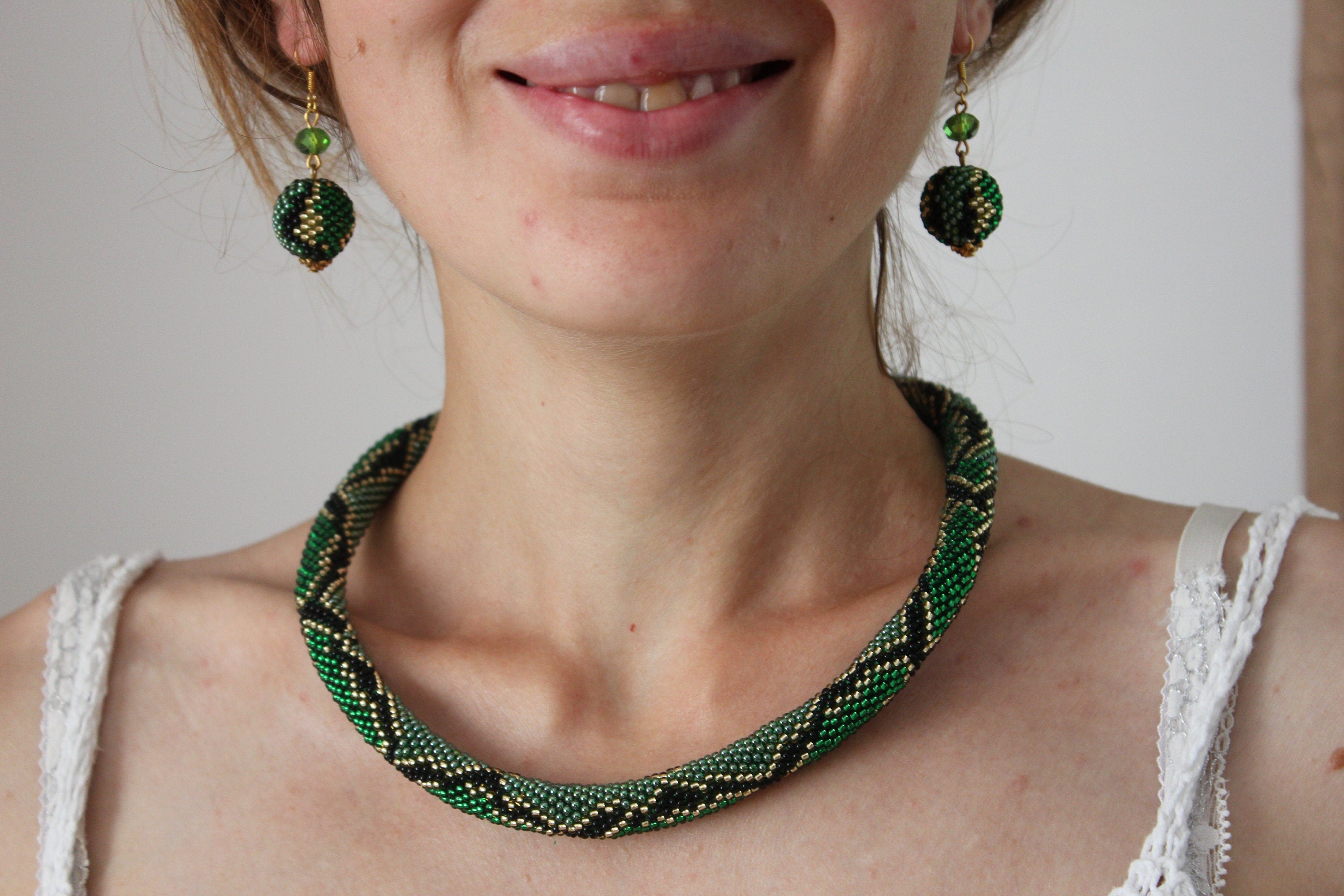 Beaded Snake Choker: Green Ouroboros Necklace, Wild Animal Jewelry