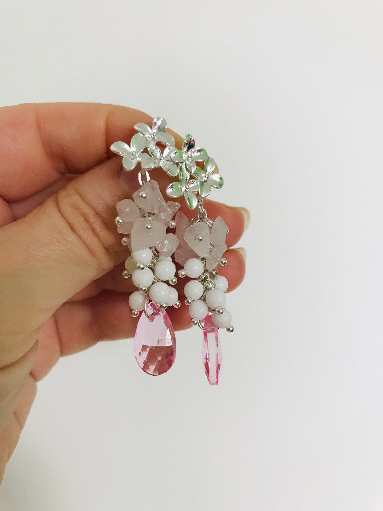 Rose Quartz Wedding Cluster Earrings Silver: Floral Statement Jewelry for Bride Libra gifts