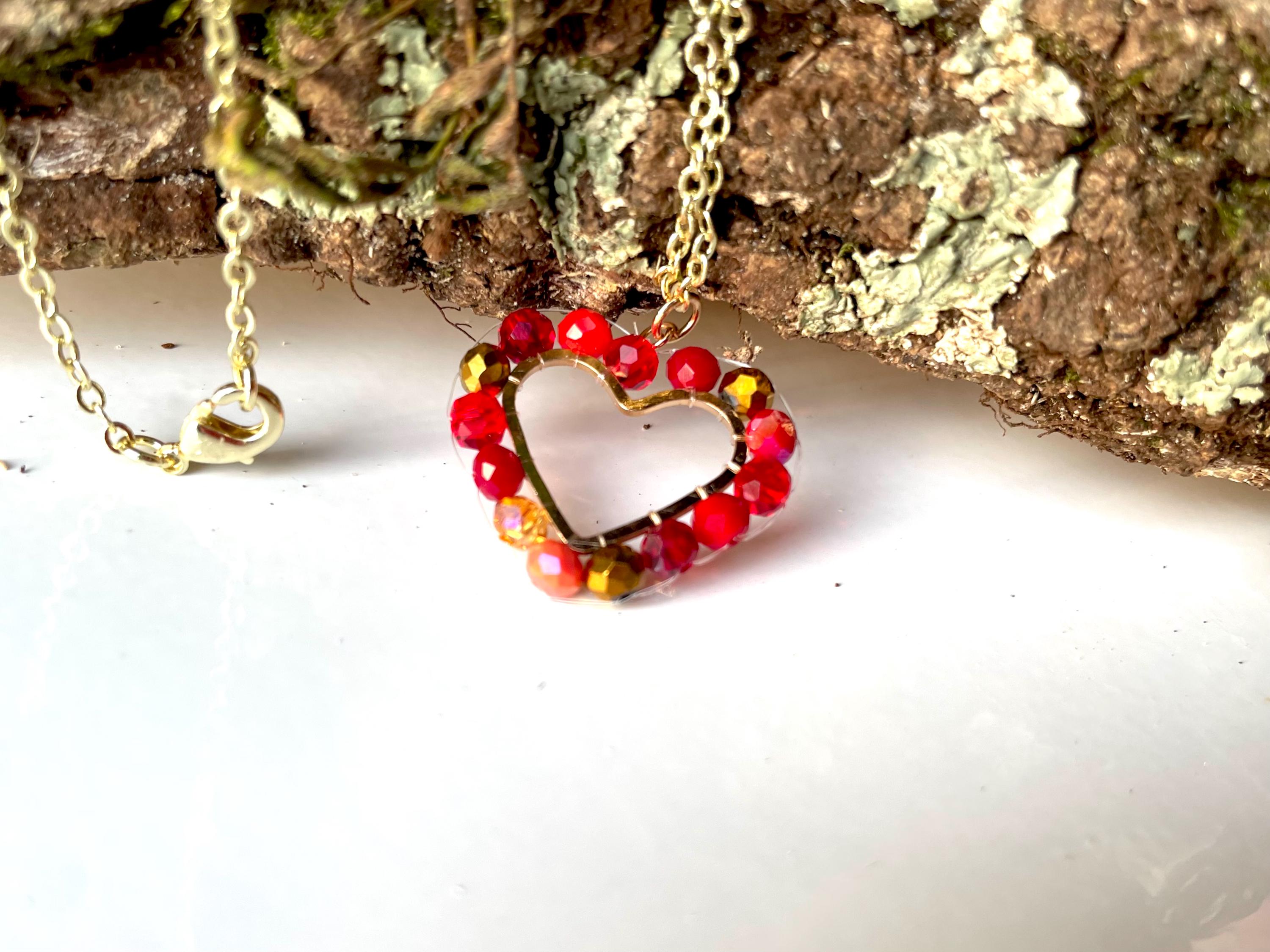 Ruby Red Heart Necklace: Gold Layered Chain, Beaded Handmade Jewelry