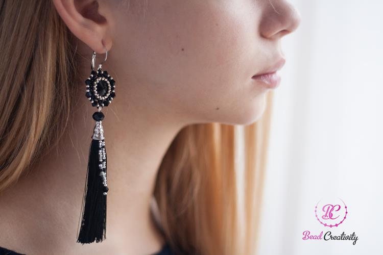 Dusty Blue Swarovski Crystal Beaded Silk Tassel Earrings: Bridal Something Blue Jewelry Handmade 5 inch