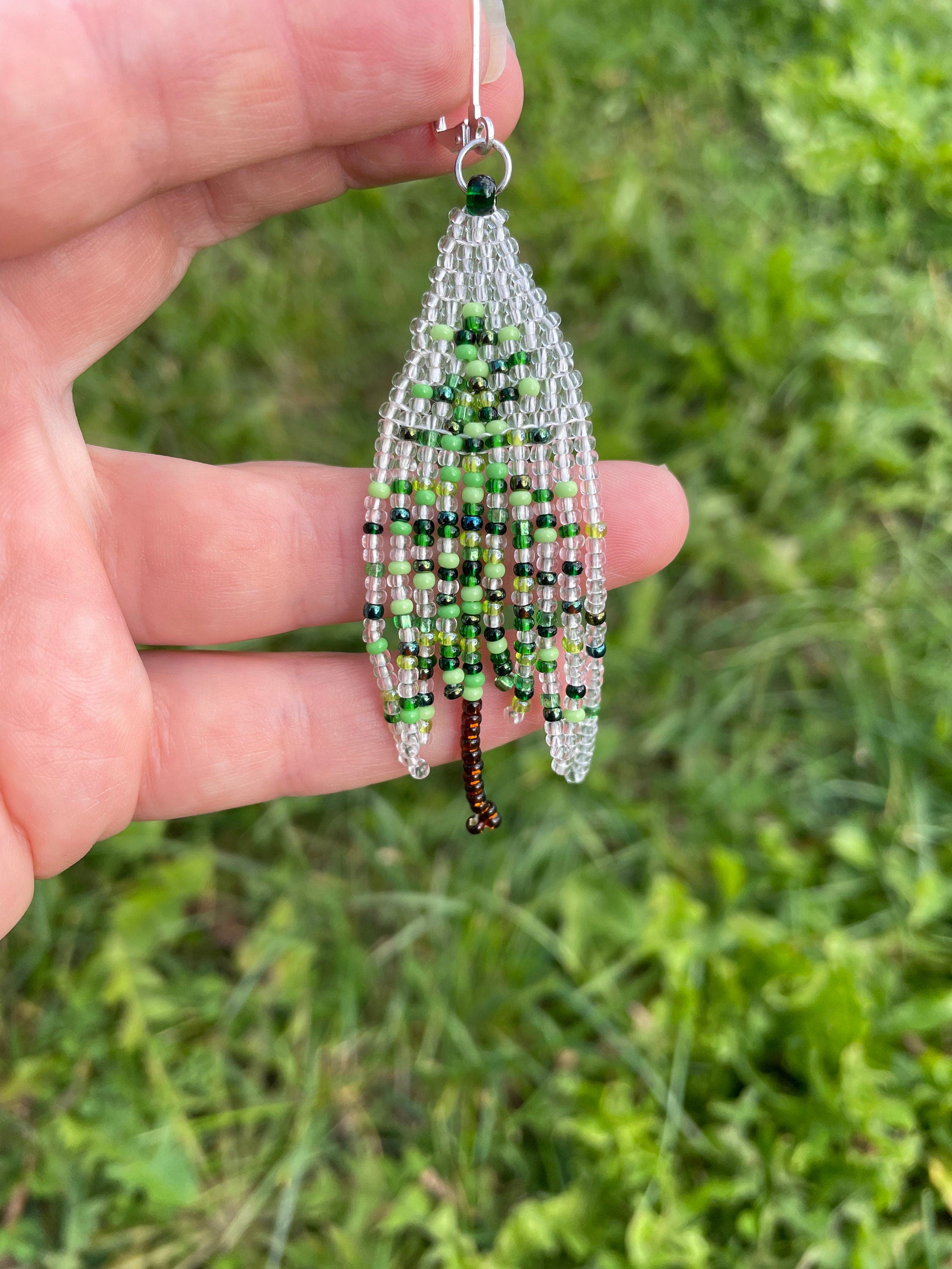 Christmas earrings dangle, Abstract Beaded Fringe earrings, Christmas tree seed bead earrings Green transparent Long earrings Boho Handmade