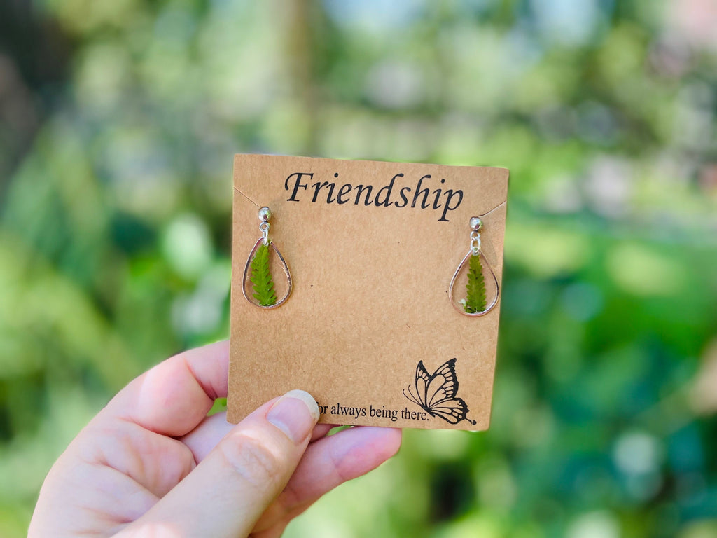 Teardrop Fern Resin Earrings: Nature Inspired Dangle Jewelry