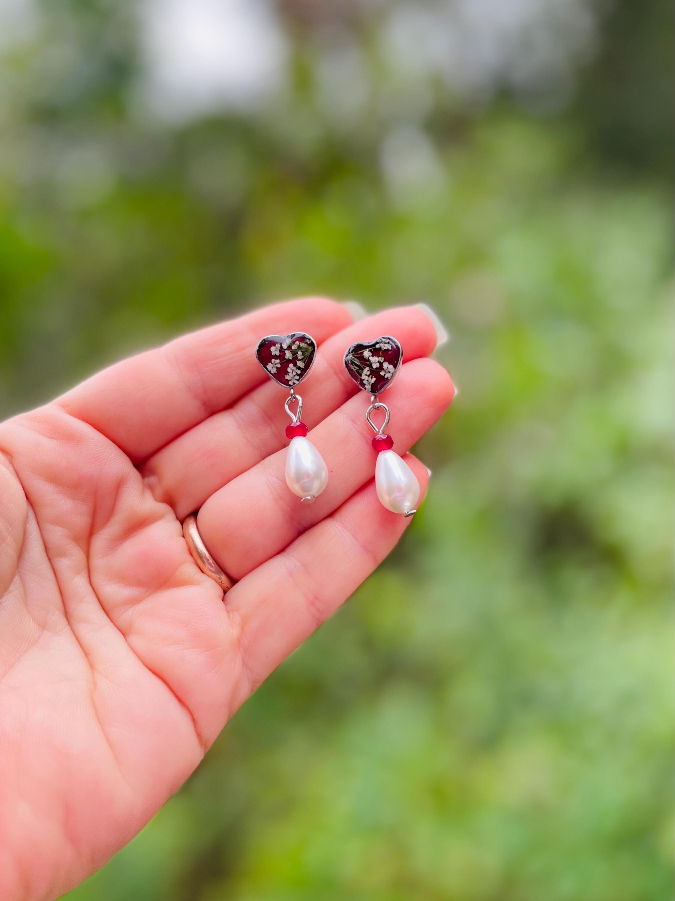Silver Garnet Heart Earrings: Antique Wildflower Pearl Drop Jewelry January Birthstone