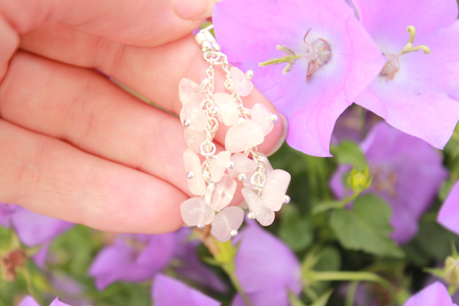 Rose quartz earrings beaded, Personalized birthstone earrings mom, wedding cluster earrings feminine gemstone, bridal shower gift