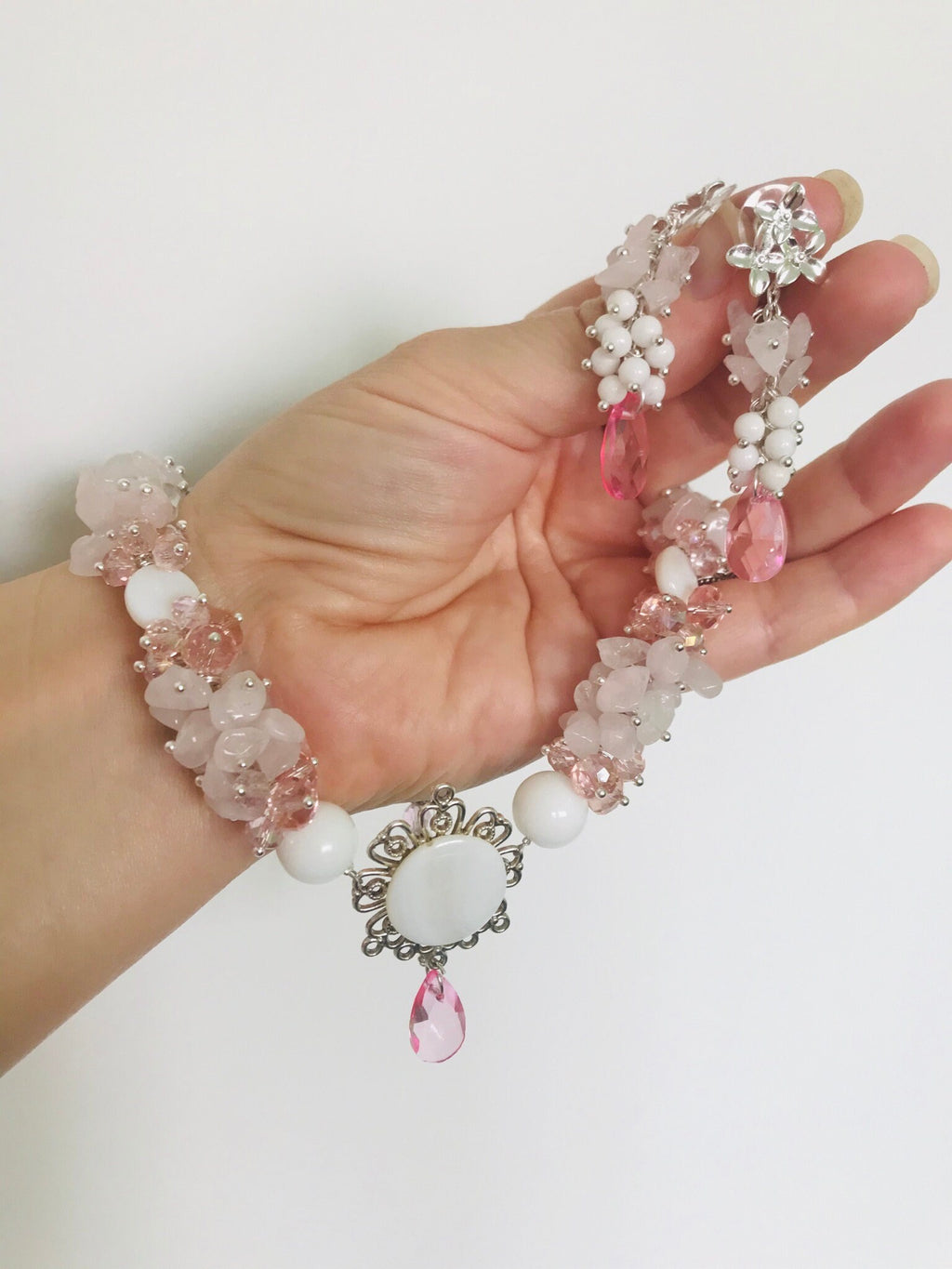Rose Quartz Wedding Cluster Earrings Silver: Floral Statement Jewelry for Bride Libra gifts