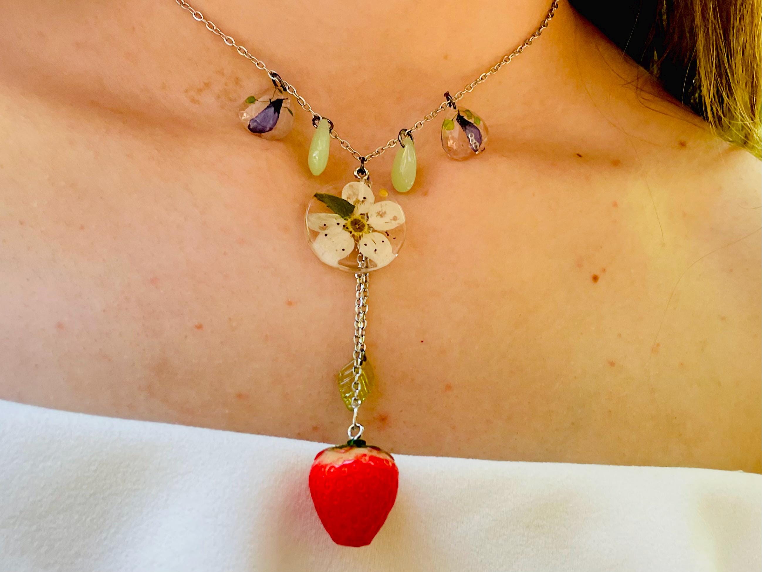 Strawberry necklace Romantic Layered Beaded Fairycore Necklace Cottagecore Fruit lariat necklace Wisteria Pressed Flower Necklace Aventurine