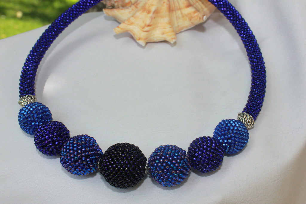 Blue bib choker necklaces for women seed beaded ball bonbon jewelry for her bold statement necklaces, fashion jewellery for women bridesmaid