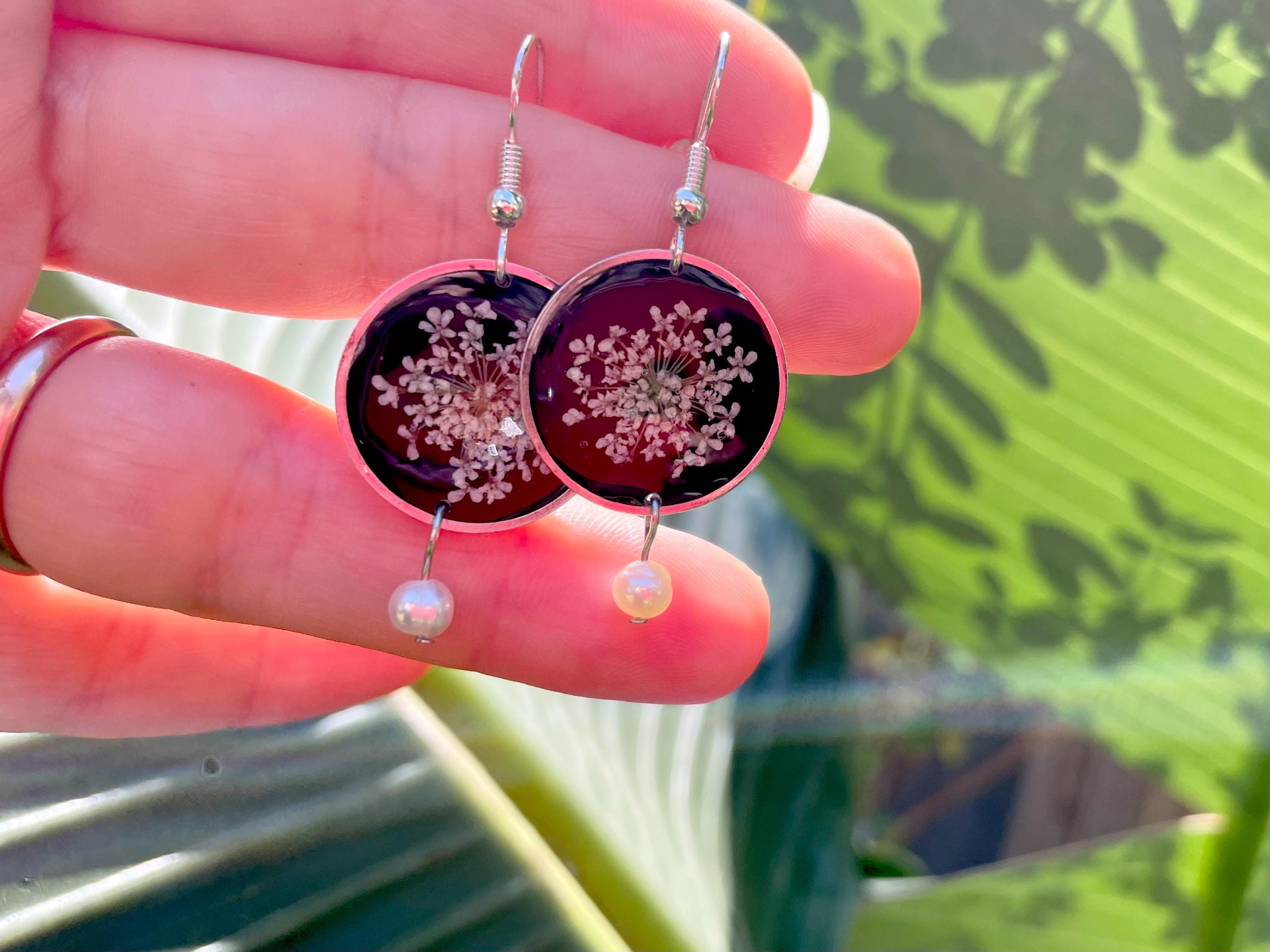 Black freshwater Pearl Earrings with Pressed Queen Ann’s Lace Flower: January Birth Flower Jewelry