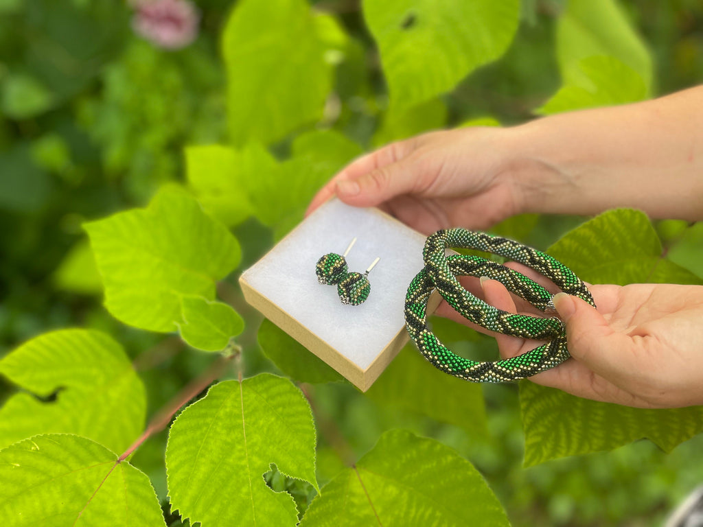 snake print earrings, beaded dangle Green Serpent one ball earrings, Snake Skin Jewelry, Asp Gift Modern Bonbon earrings, Halloween earrings