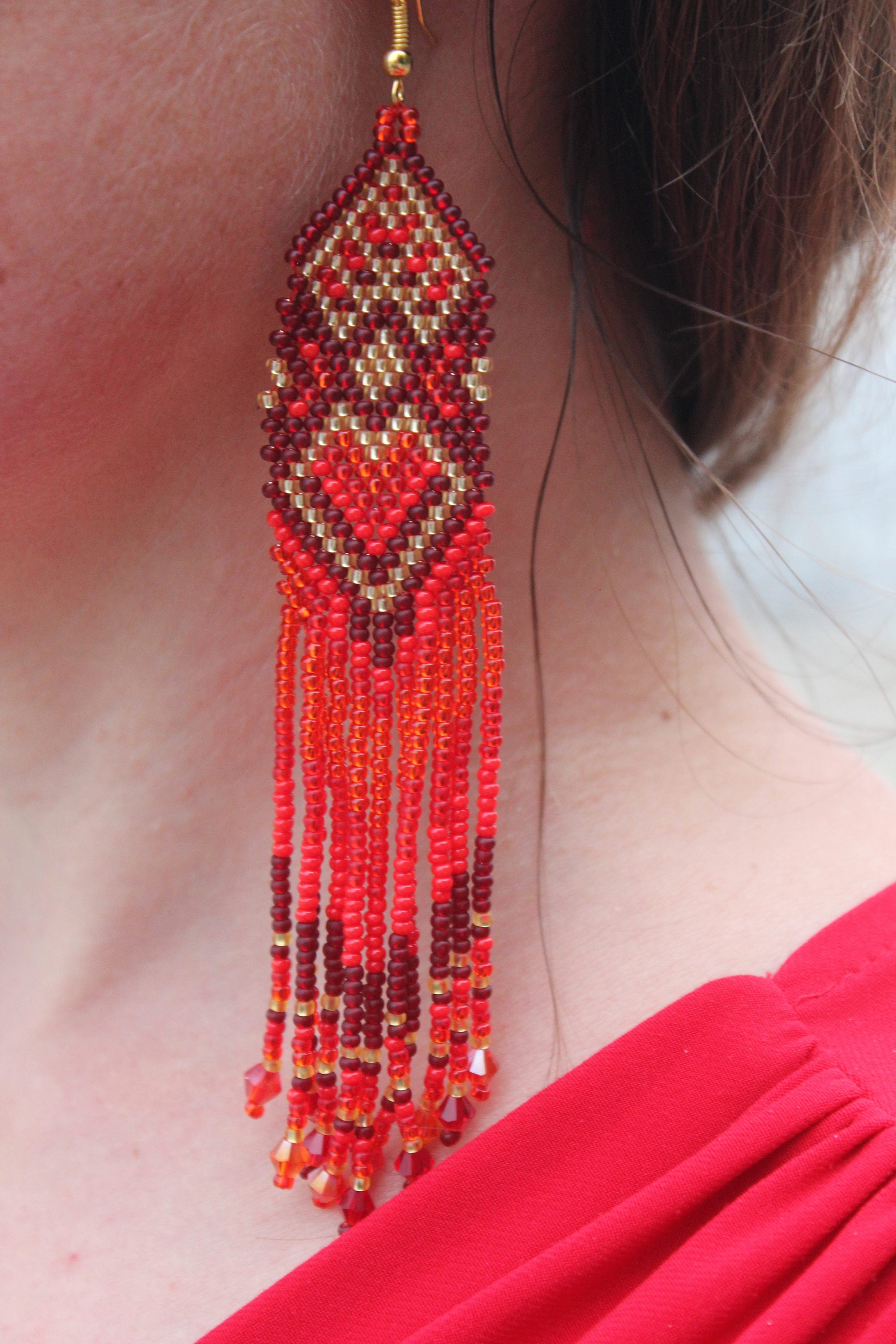 Heart earrings for women, Red gold Seed bead earrings, best friend gift, red Beaded earrings long, Native American style, Statement earrings