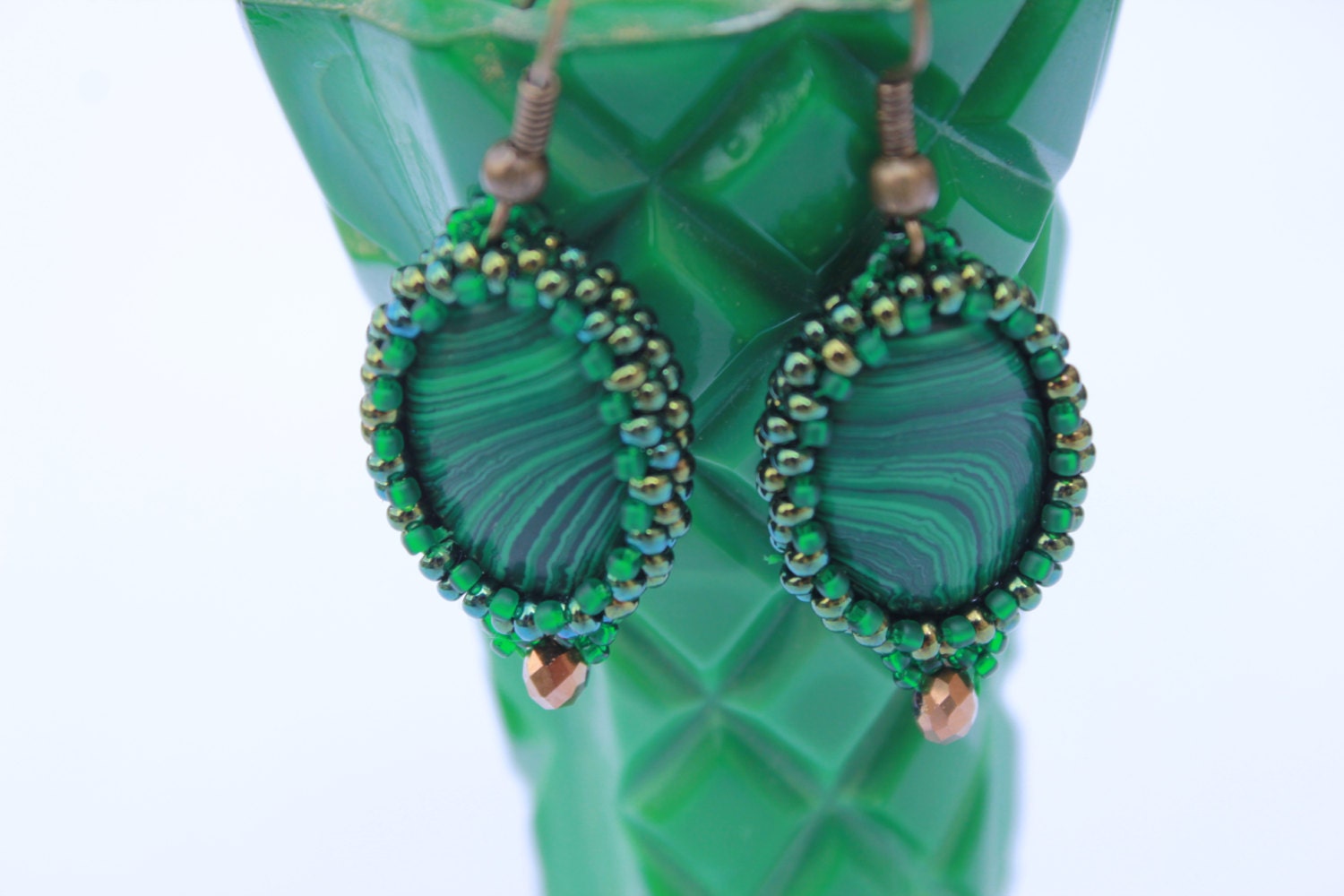 Handmade Malachite Dangle Earrings: Green Gemstone Beaded Jewelry