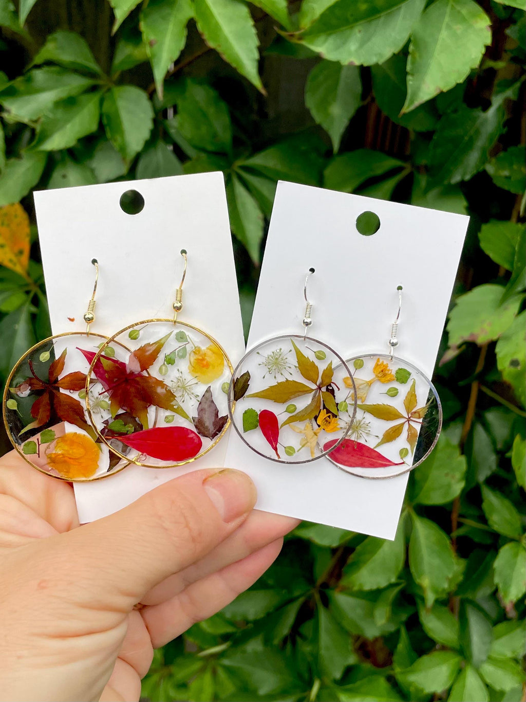 Fall Resin Earrings: Real Autumn Leaves, 14K Gold or Sterling Silver