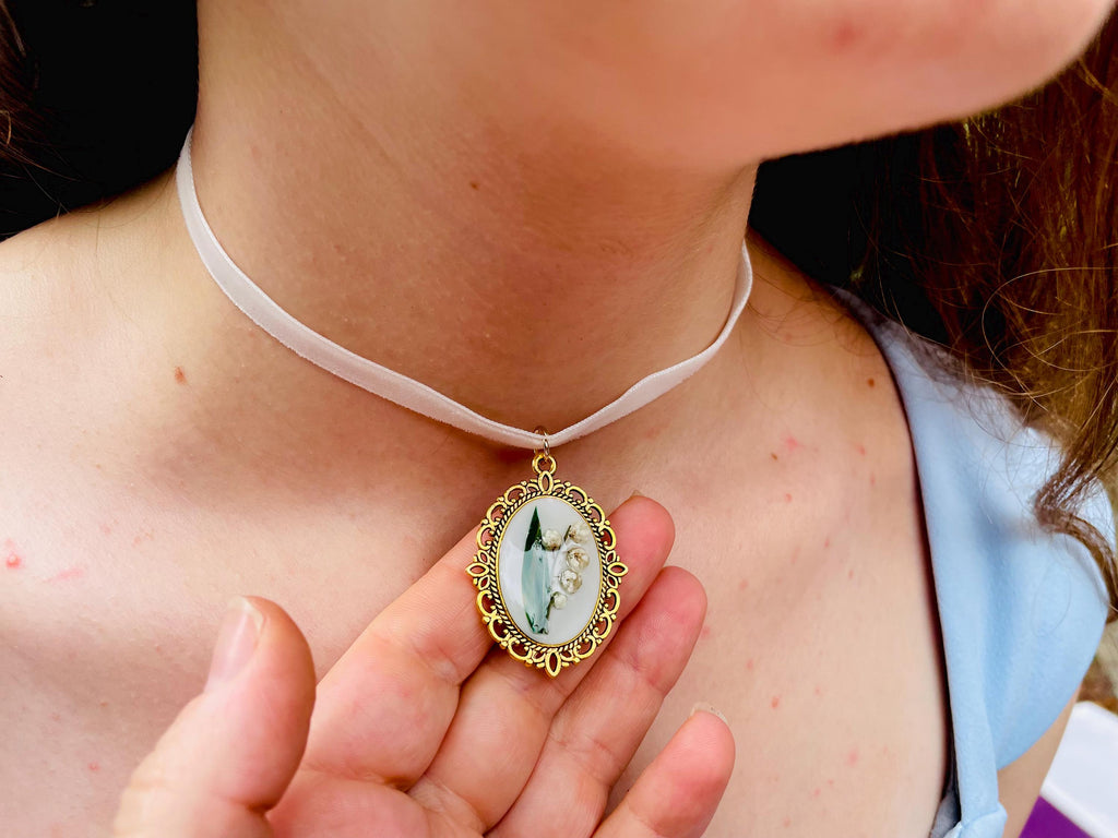Lily of the Valley Necklace: May Birth Flower, Real Flower Resin Pendant