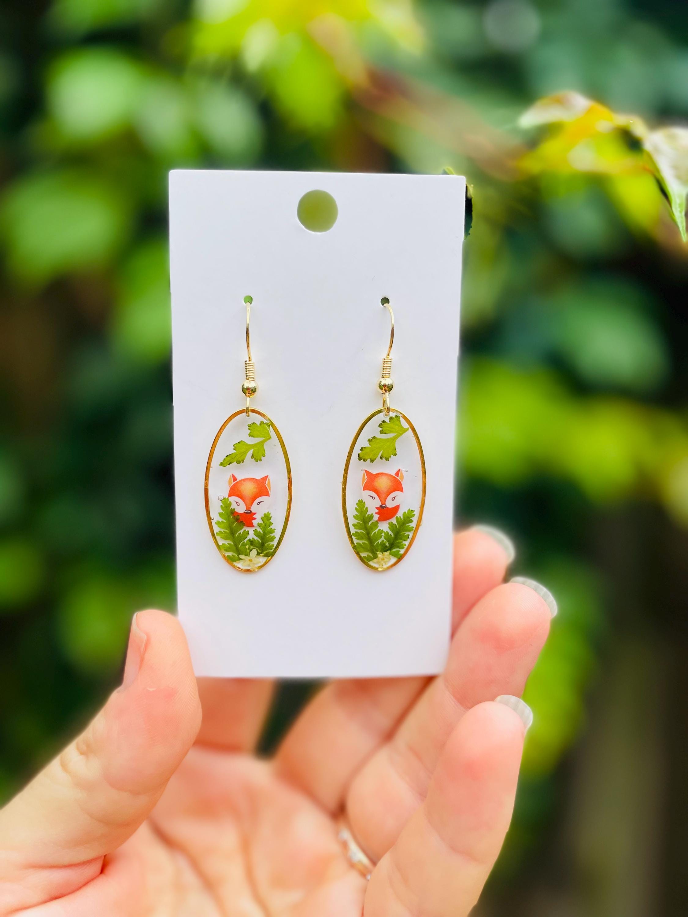 14K Gold Resin Dangle Earrings: Real Mushroom, Pumpkin, Fern & Flowers