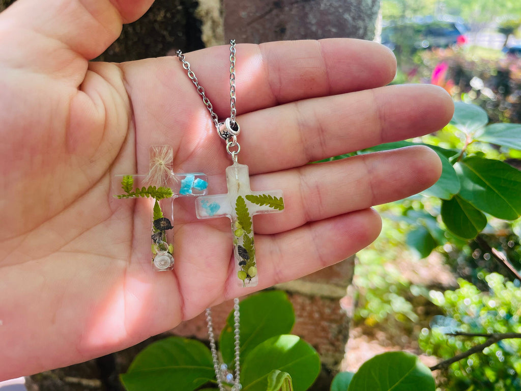 August Birth Flower Cross Necklace: Real Sunflower Resin Pendant, Handmade Jewelry