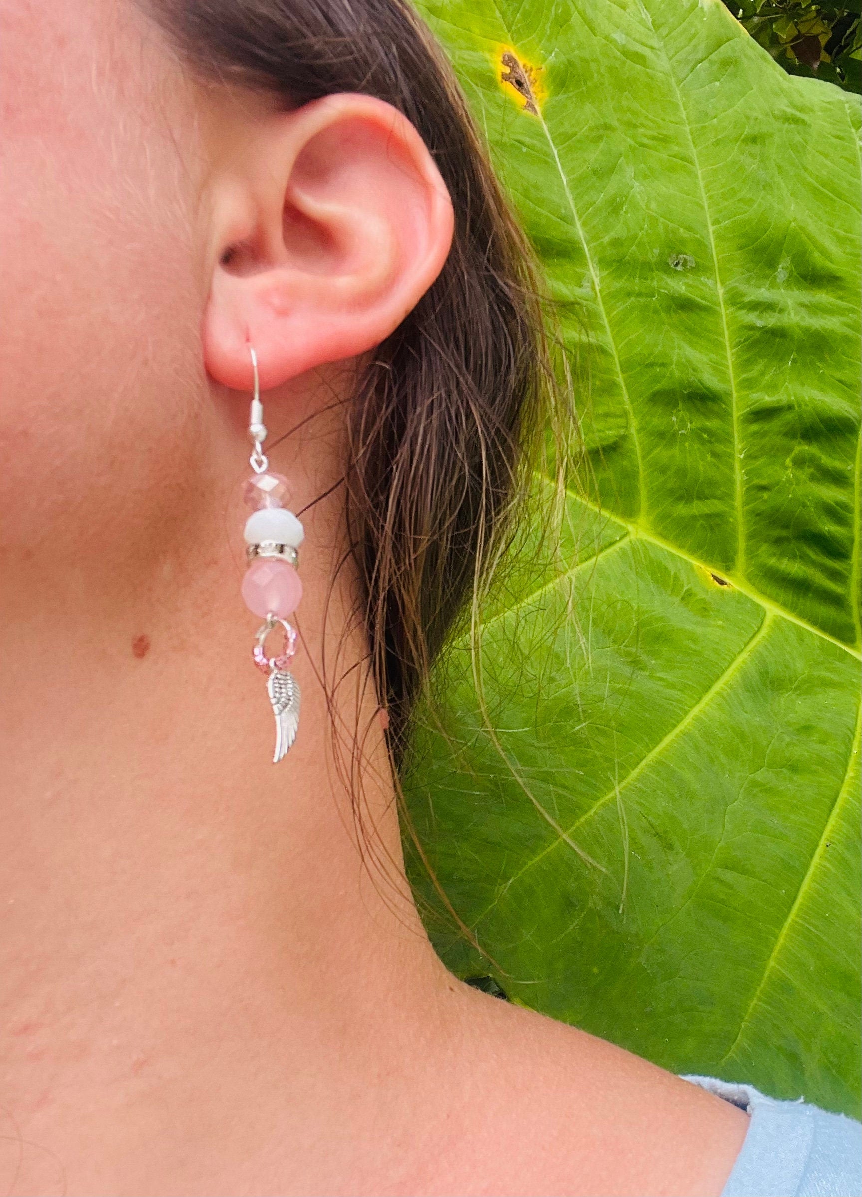 October Birthstone Rose Quartz Angel Wing Dangle Earrings: Pink Sterling Silver Bridal jewelry Libra gifts