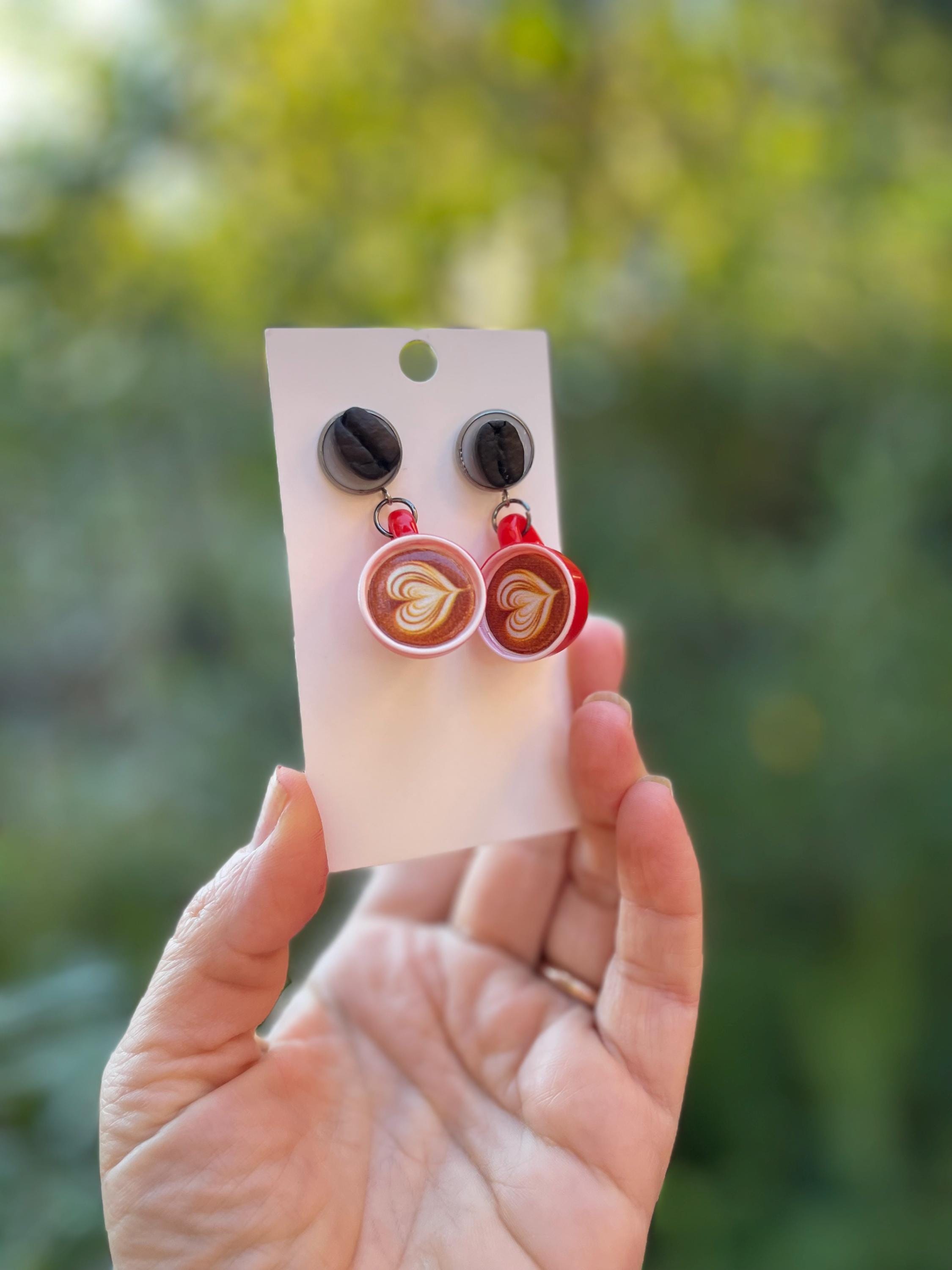 Handmade Real Coffee Bean Latte Cup Earrings: Whimsical Resin Food Jewelry