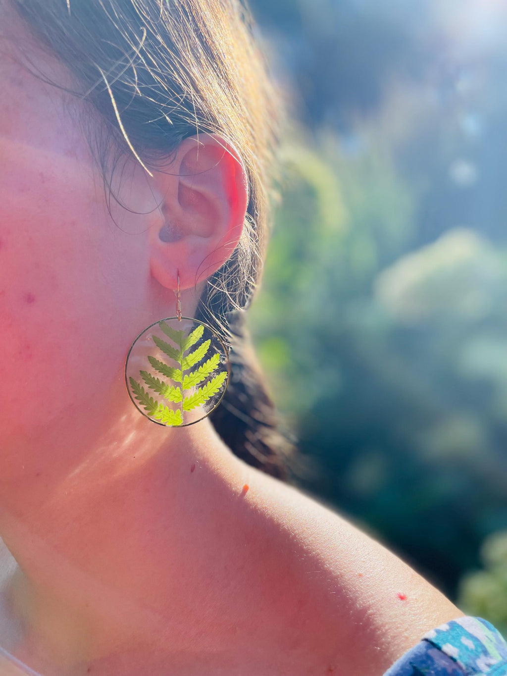 Real Fern Earrings: 14K Gold Boho Green Botanical Dangle Earrings