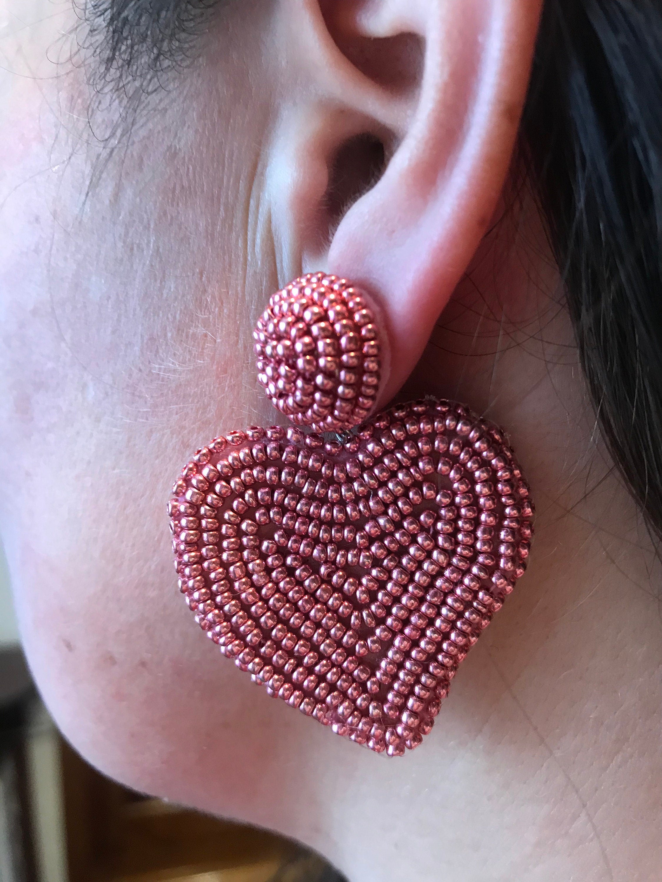 Earrings. Blue Heart earrings, dangle earrings, heart clip on earrings, Statement jewelry handmade, Valentine gift for her, heart embroidery