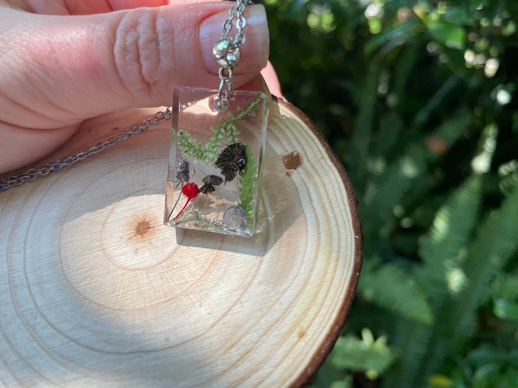 Mushroom Family Resin Necklace: Pressed Flower Pendant, Birthstone Option