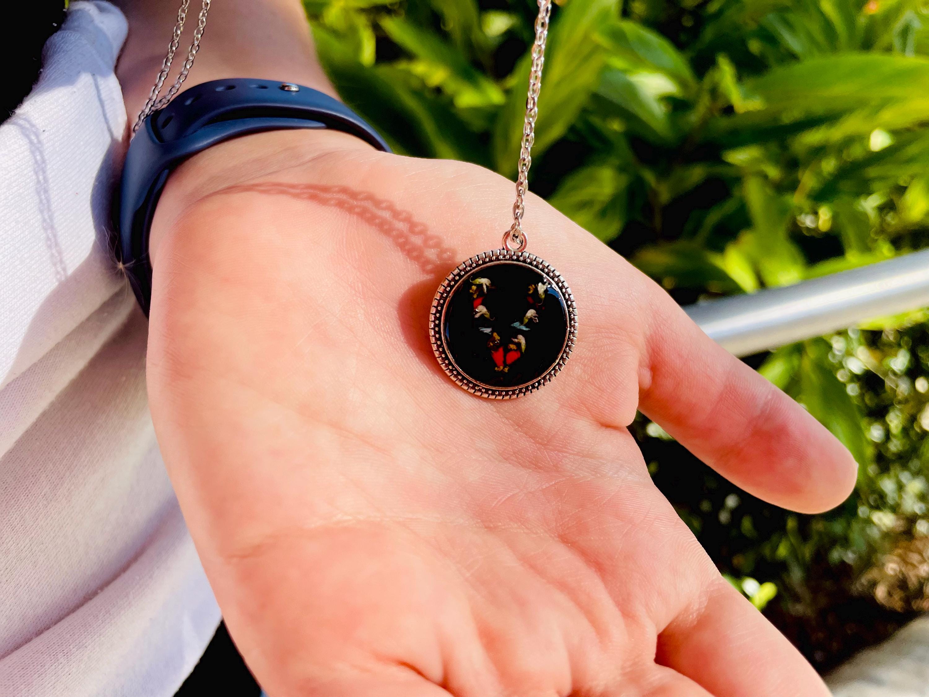 Personalized Pressed Birth Flower Initial Pendant Necklace Black: Gothic Resin Jewelry