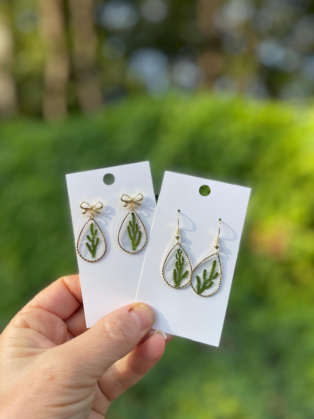 Gold bow Earrings Stud with Christmas Tree Branch, Green Real Plant  Botanical Earrings Dangle