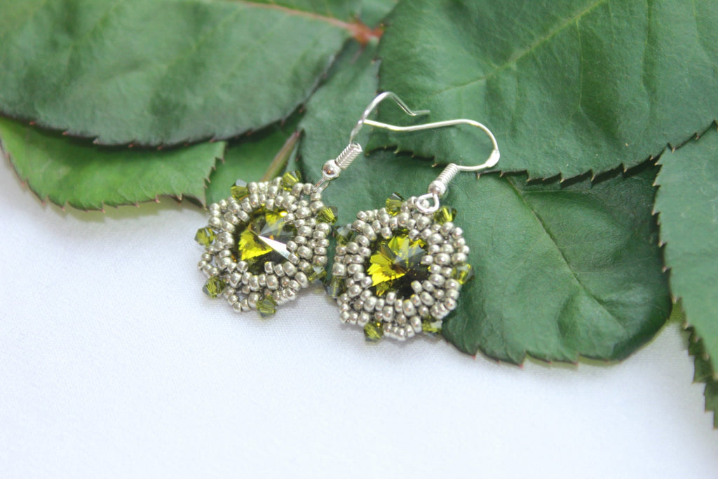 Chartreuse olive green Swarovski crystal sterling silver dangle earrings, handmade unique holiday jewelry gift boho green statement earrings