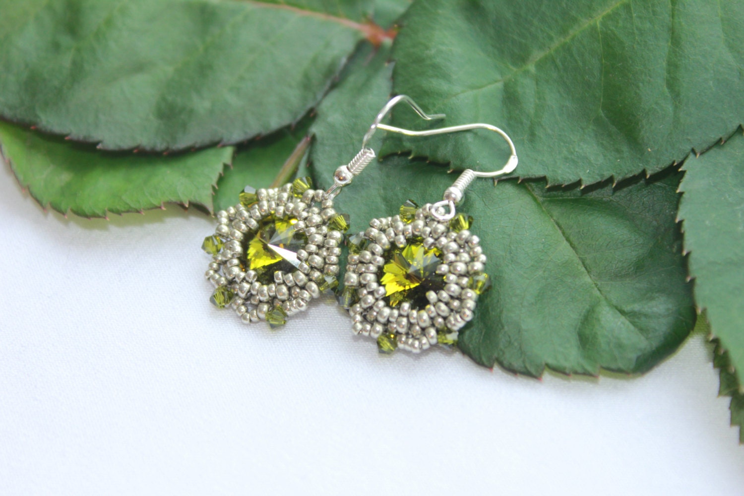 Chartreuse olive green Swarovski crystal sterling silver dangle earrings, handmade unique holiday jewelry gift boho green statement earrings