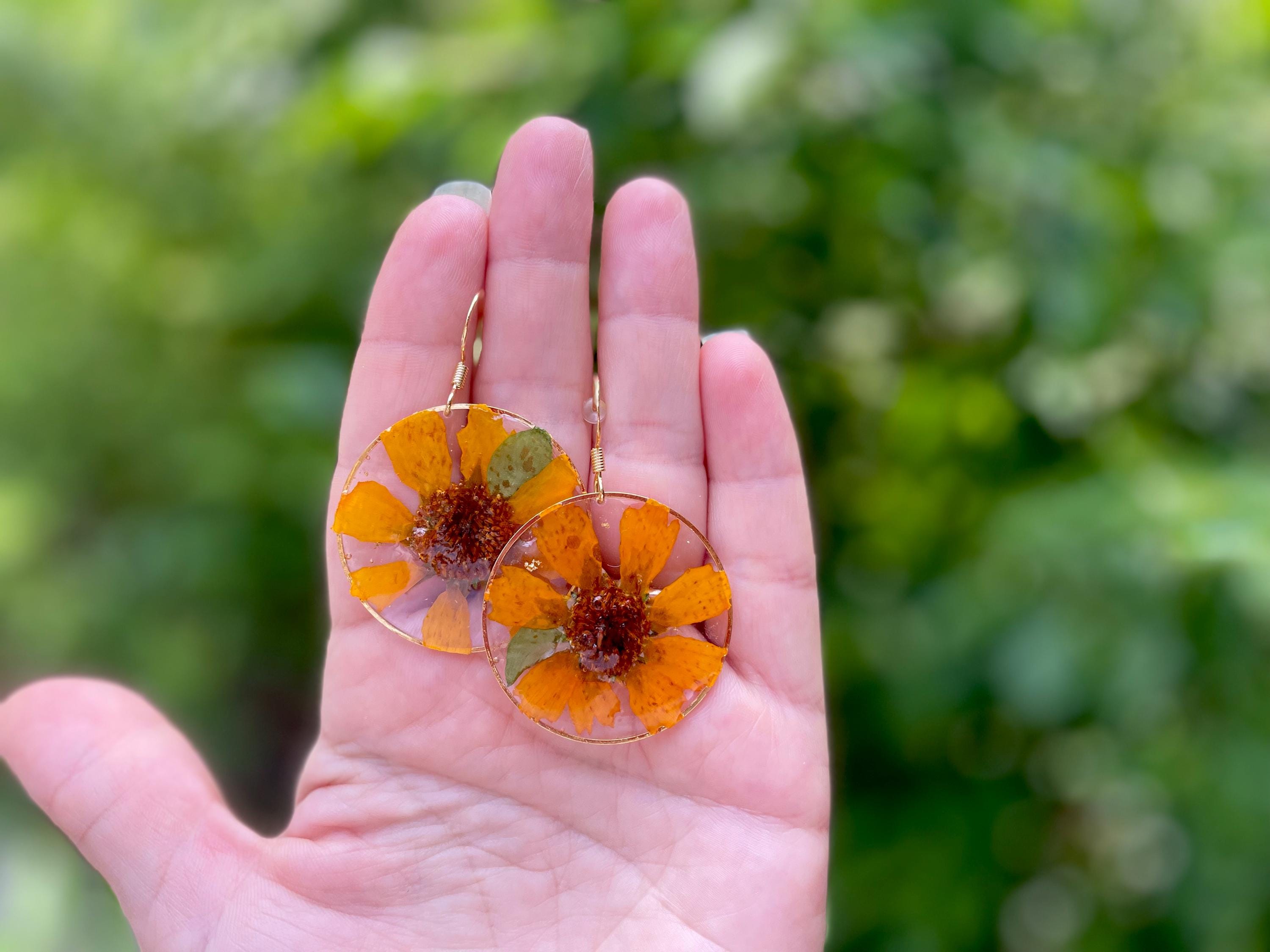 Resin Sunflower Dangle Earrings: Cottagecore Floral Jewelry
