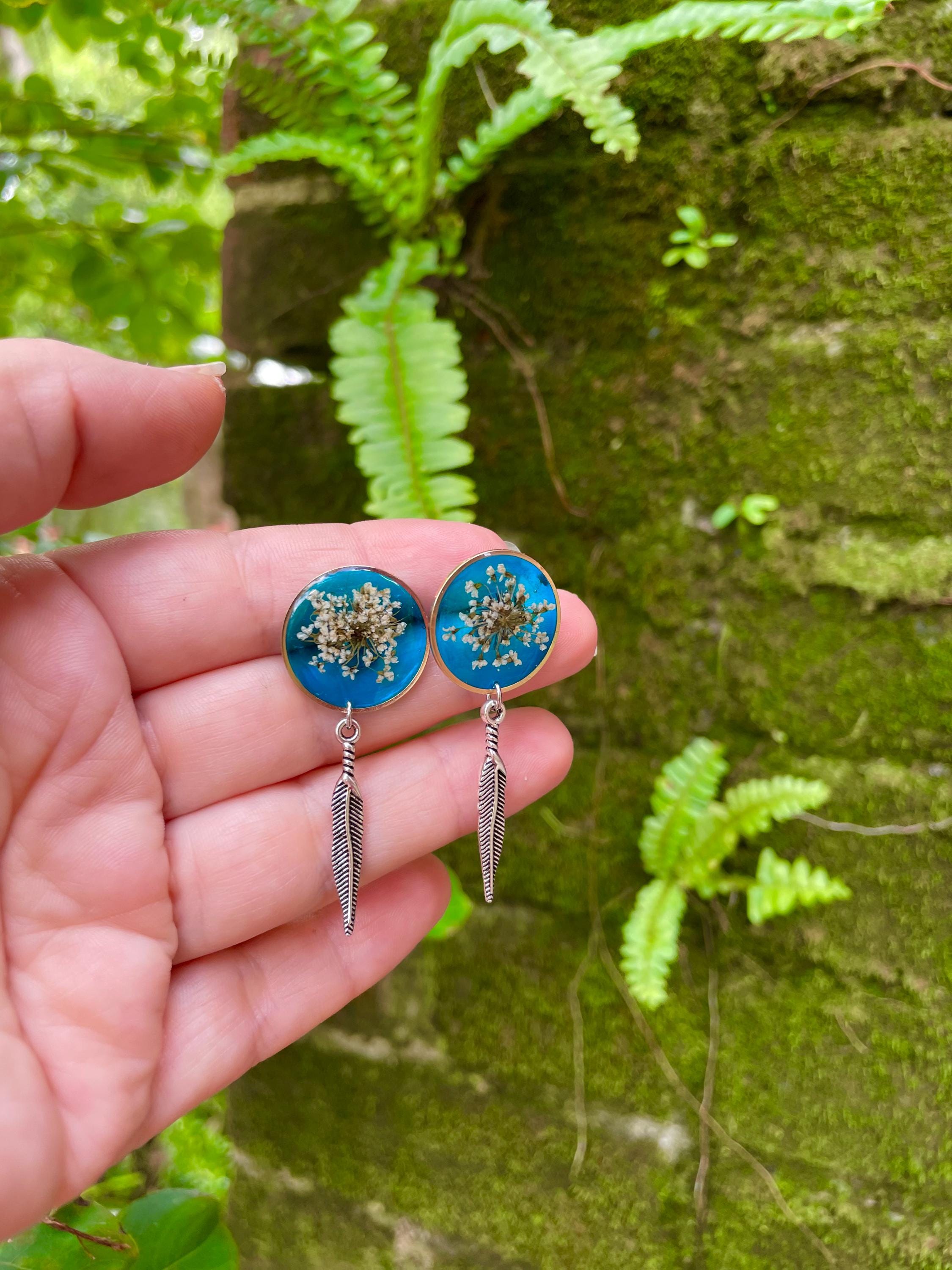 Patina Blue Resin Stud Earrings: Real Pressed Flower and Turquoise Feather jewelry