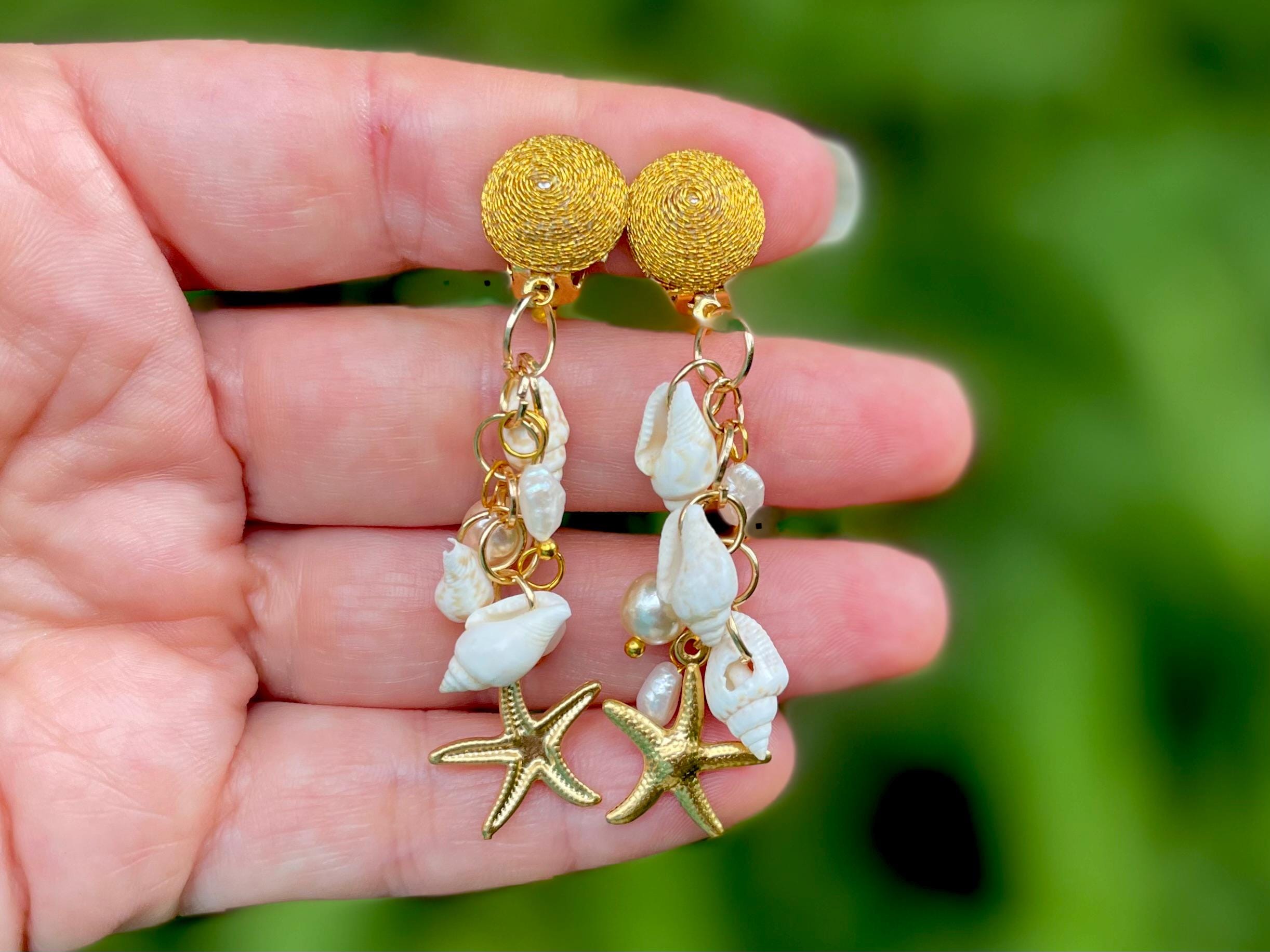 Starfish & Pearl Ocean Earrings: Seashell Beach Wedding Jewelry Gold
