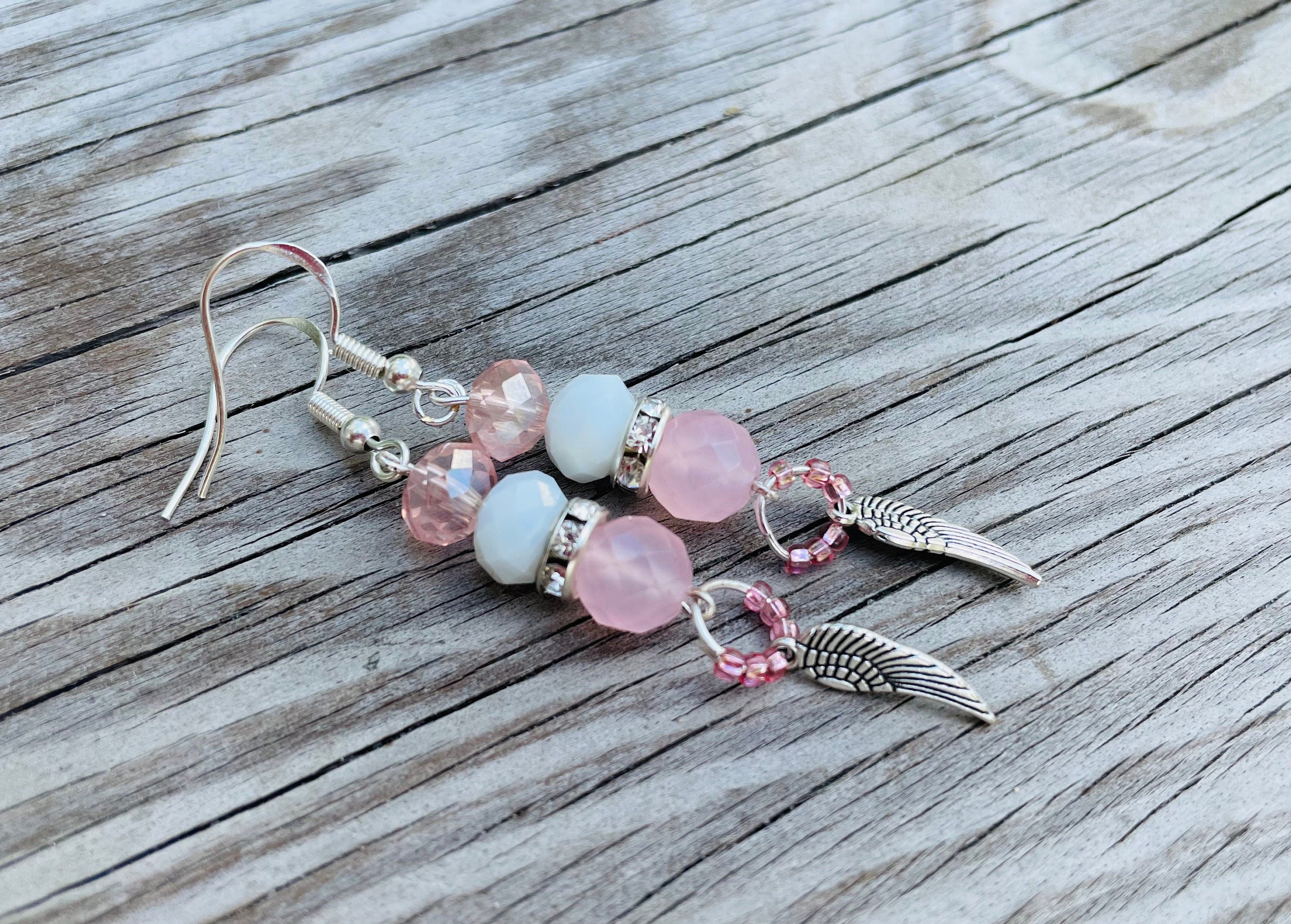 October Birthstone Rose Quartz Angel Wing Dangle Earrings: Pink Sterling Silver Bridal jewelry Libra gifts