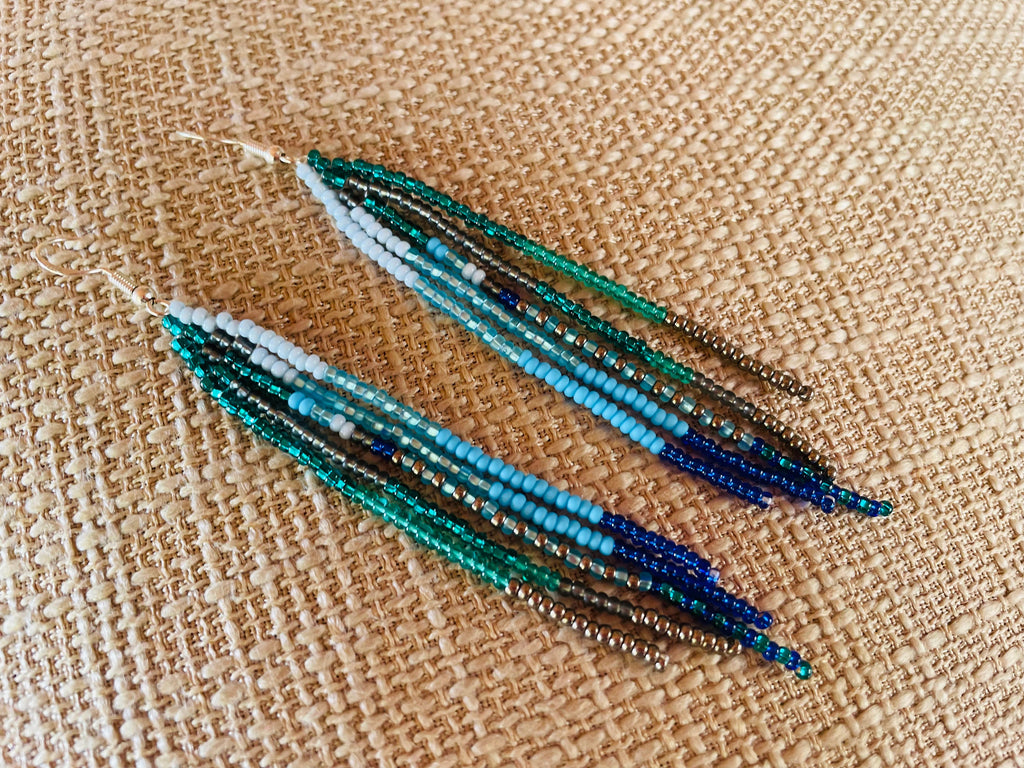 Patina blue Turquoise beaded earrings Long Emerald green Fringe earrings Ombre Chandelier Seed bead earrings Boho beadwork Dangle handmade