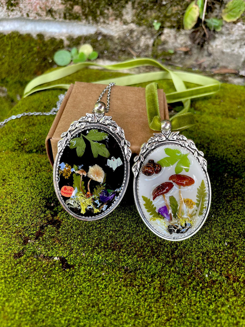 Woodland Witch Necklace: Real Mushroom, Moss, Ghost & Pumpkin Charm