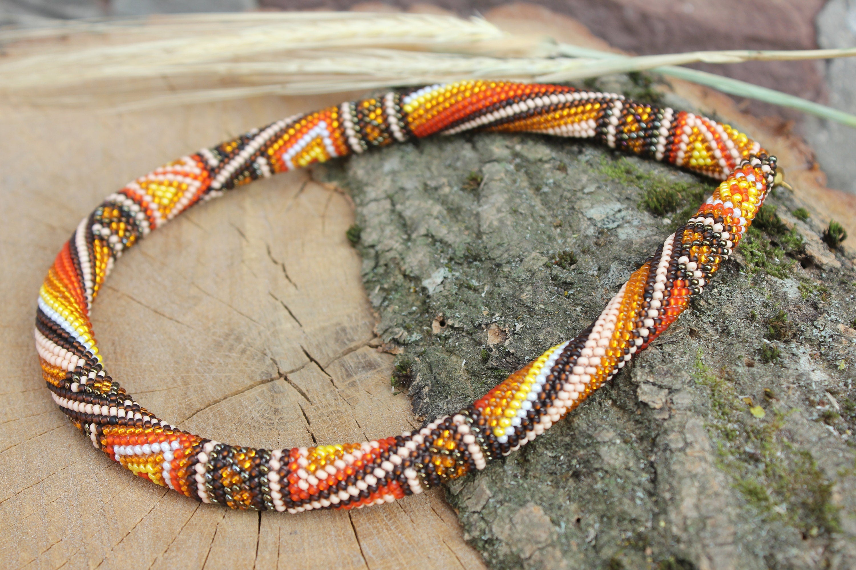 Fall patchwork necklace handmade jewelry, Burnt orange brown beige choker Tribal ethnic beadwork unisex jewelry, beaded choker rope necklace