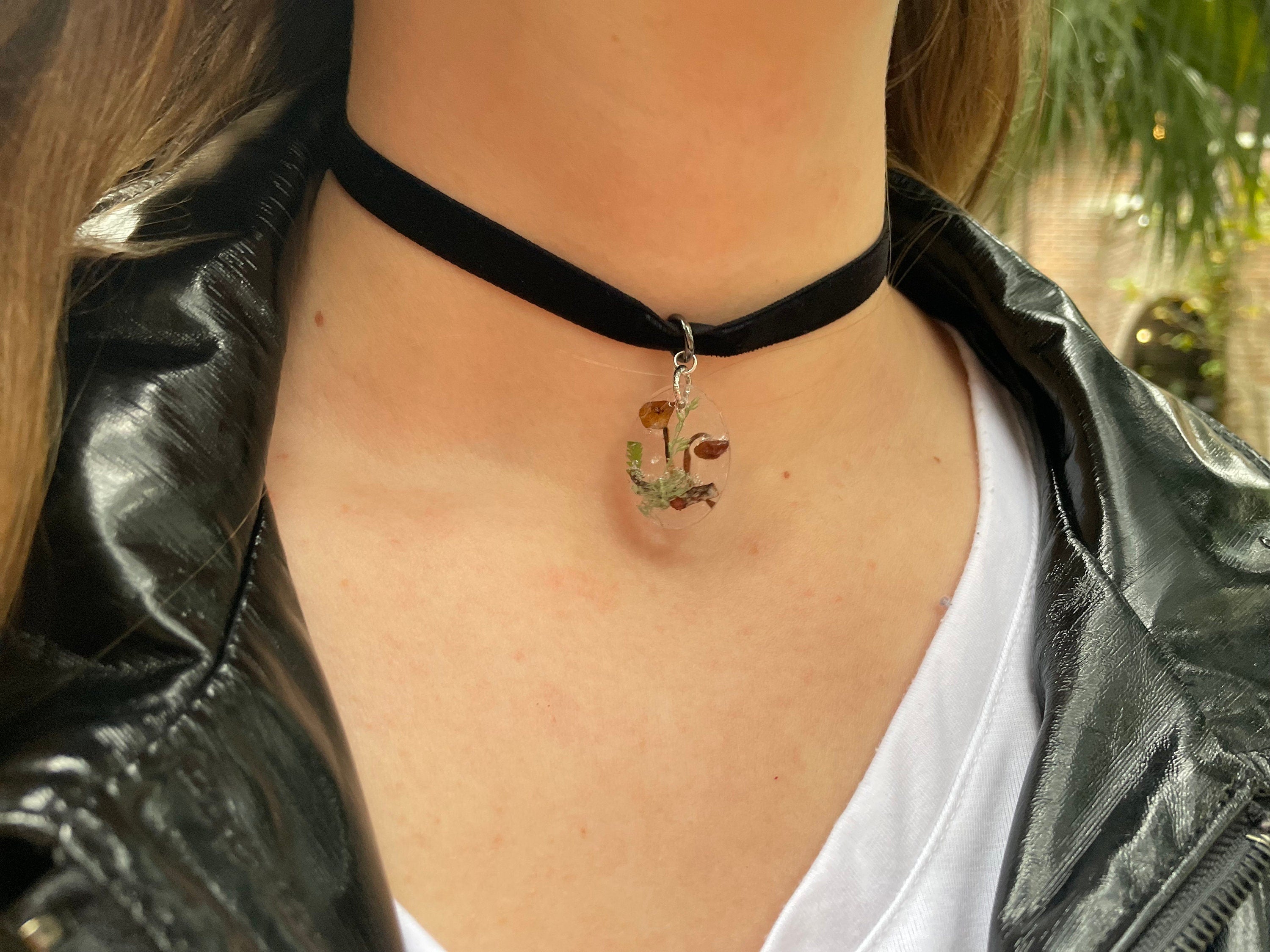 Gothic Mushroom Resin Choker Necklace: Real Moss Fern Velvet Collar