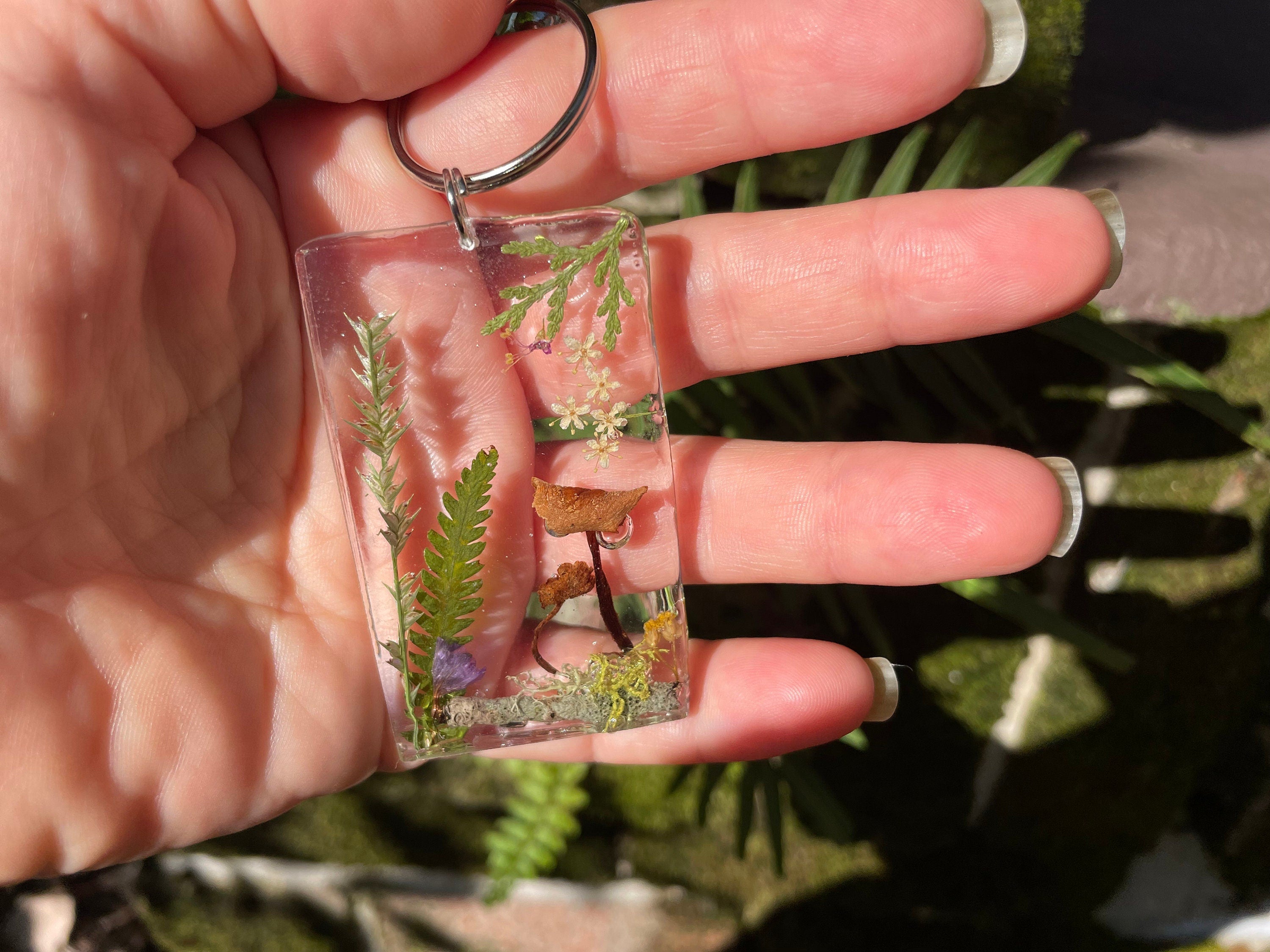 Handcrafted Resin Keychain: Real Mushrooms, Ferns, Flowers - Personalized Botanical Keyring