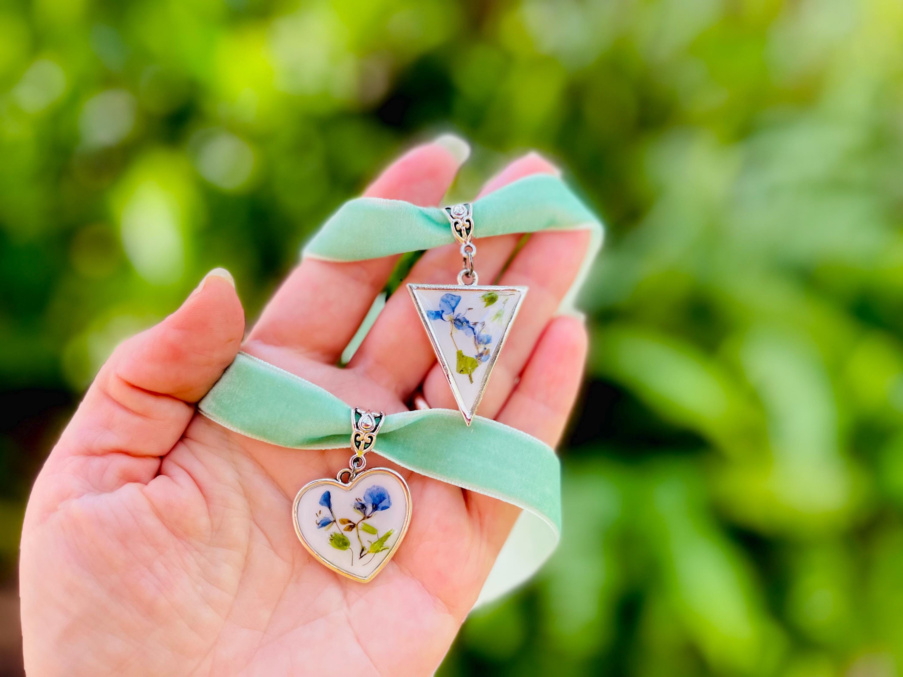 Handmade Victorian Heart Cameo Choker Collar: Sage Green Velvet Ribbon, Pressed Flowers Galentine