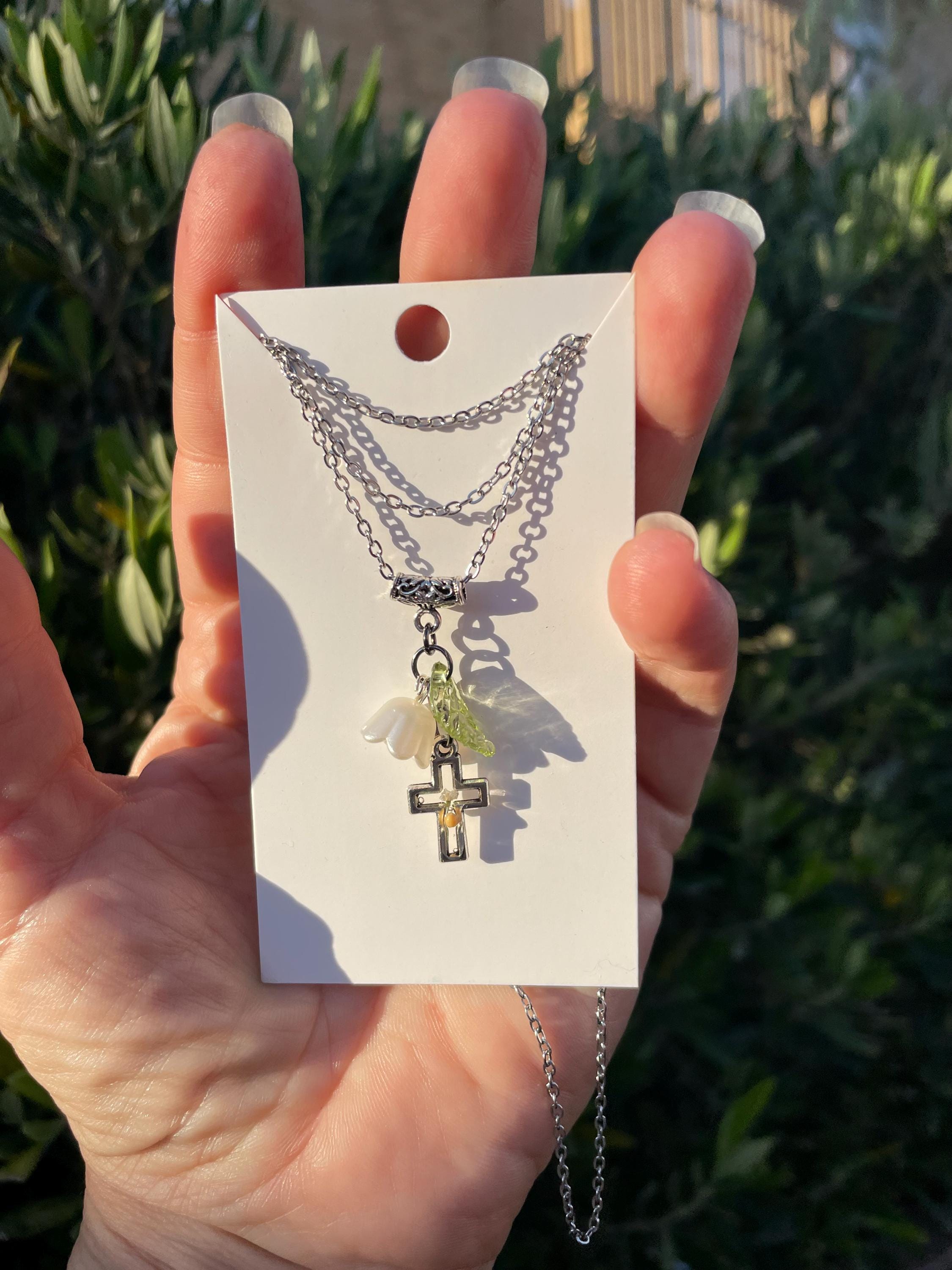 Personalized Lily of the Valley Cross Necklace: Mustard Seed, May Birth Flower