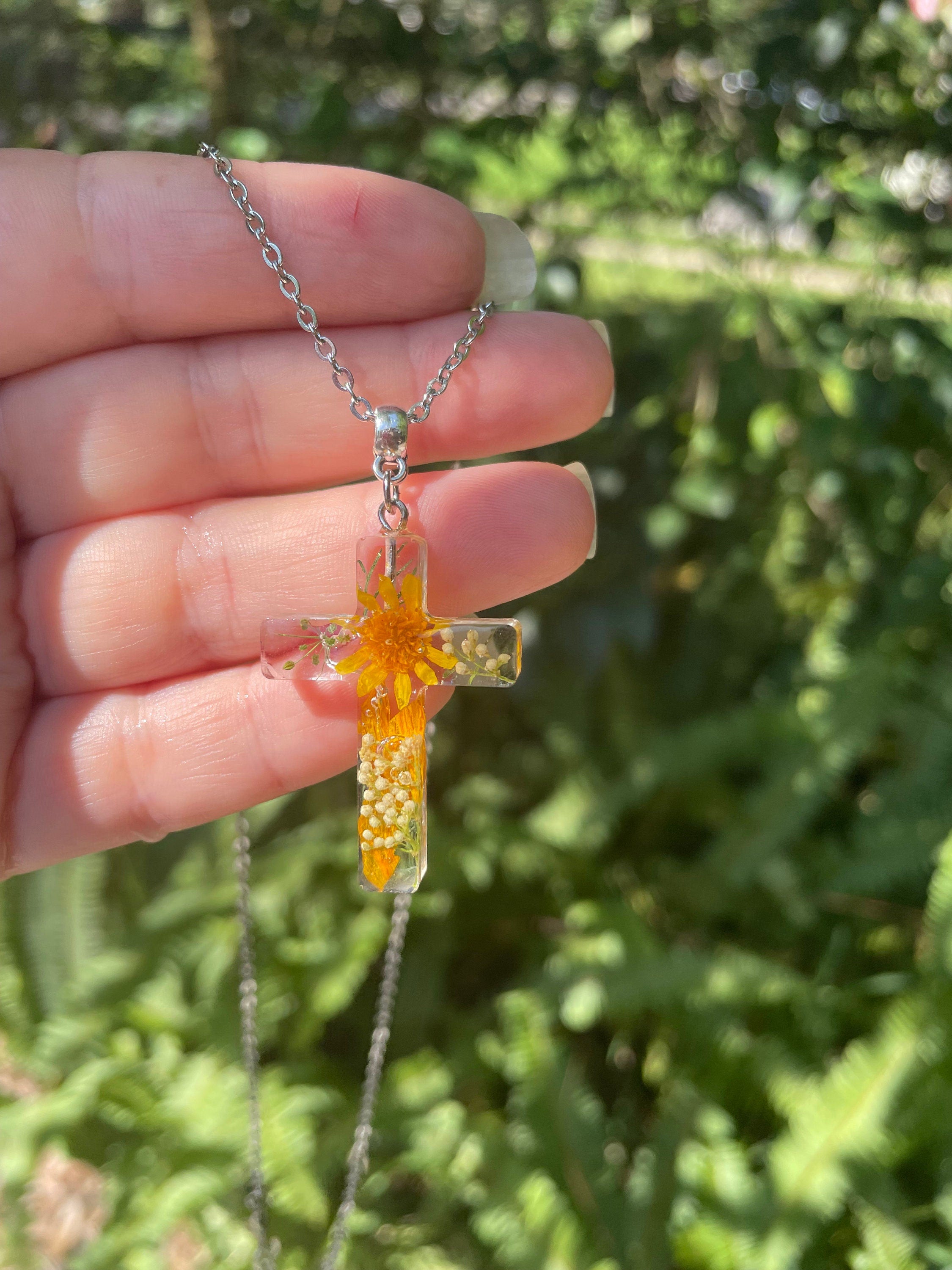 August Birth Flower Cross Necklace: Real Sunflower Resin Pendant, Handmade Jewelry