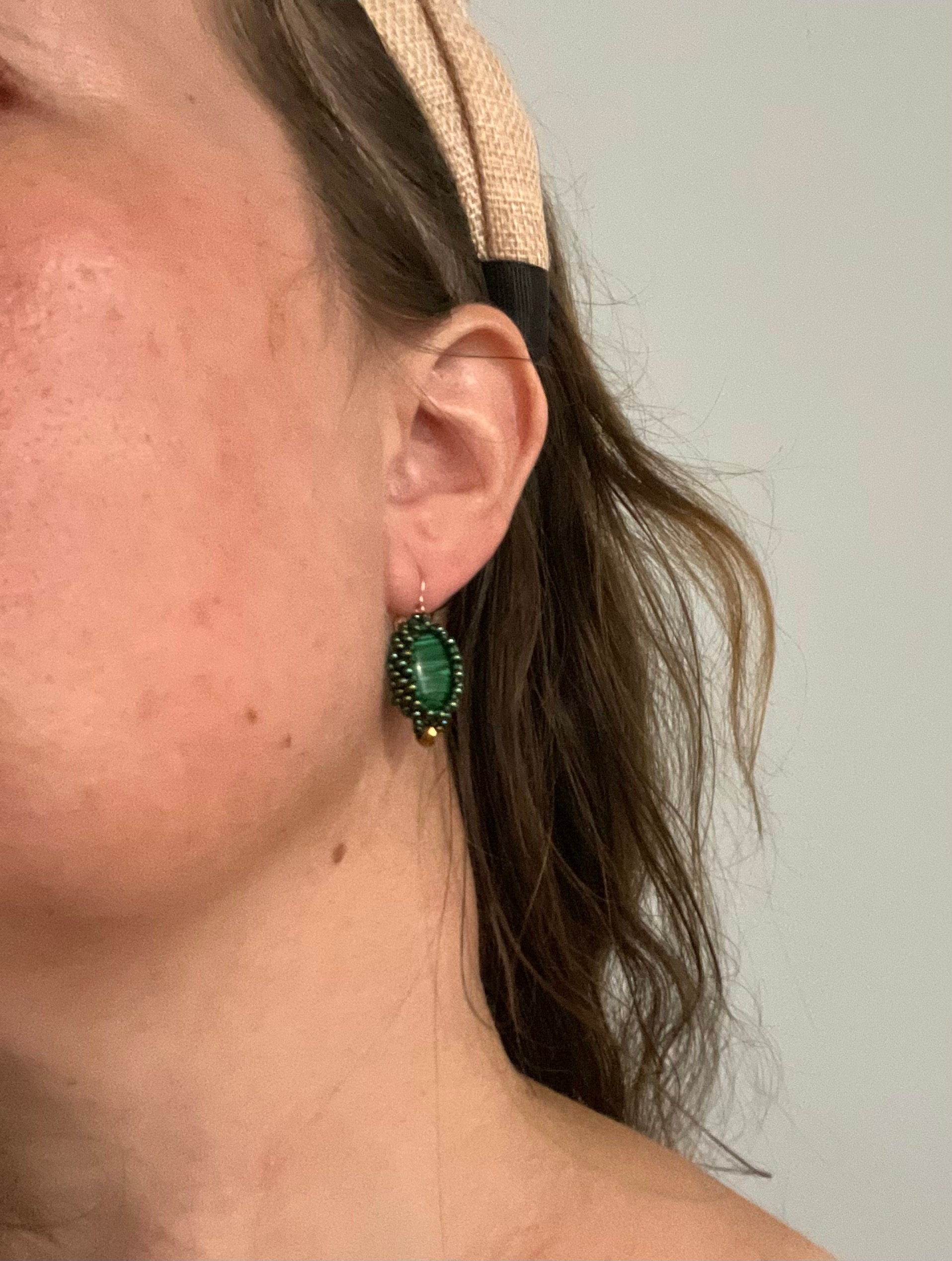 Handmade Malachite Dangle Earrings: Green Gemstone Beaded Jewelry