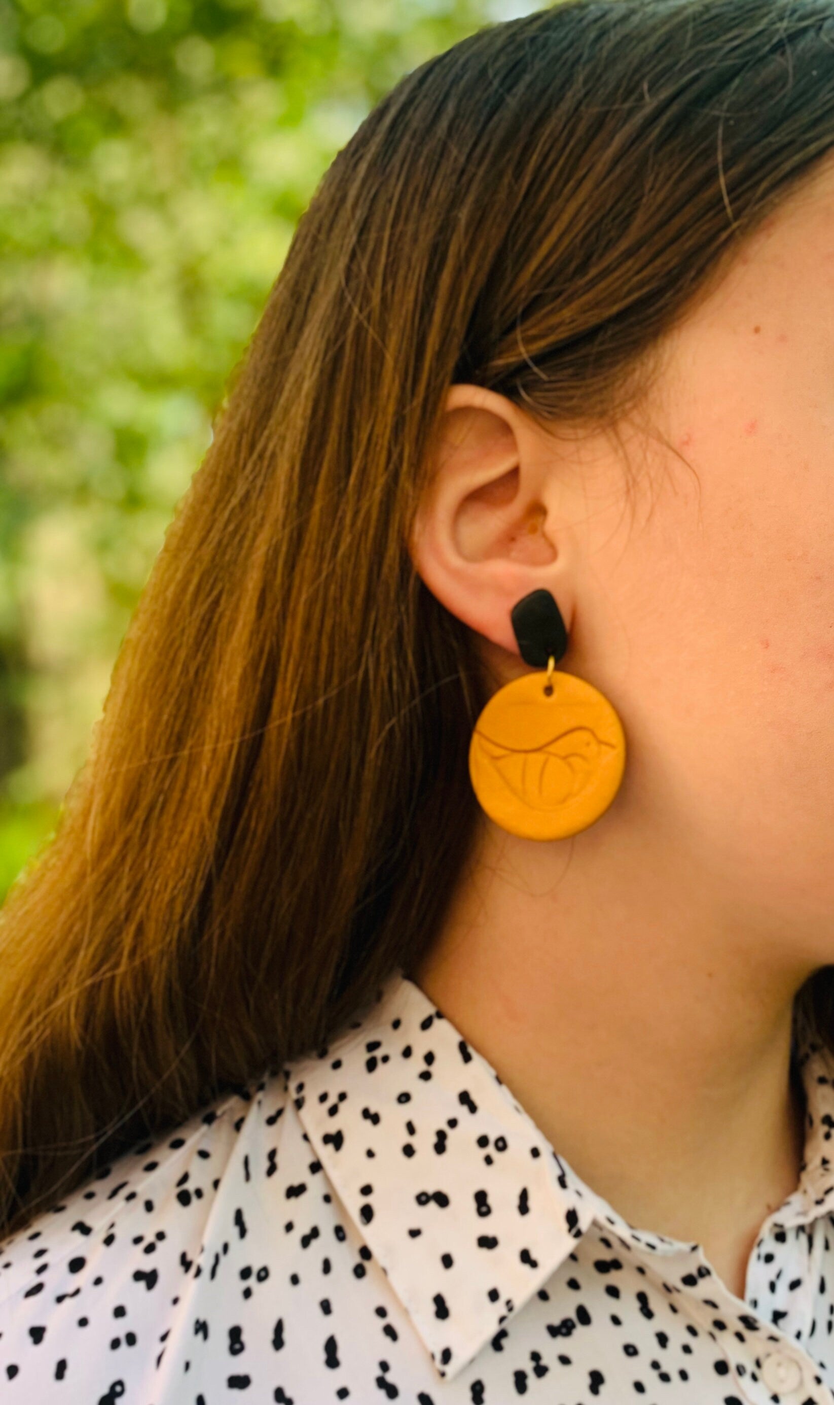 Gold and black bird earrings, Handmade Polymer Clay Earrings, Statement Dangle Earrings, Mothers Day gift, big clip on earrings hoops