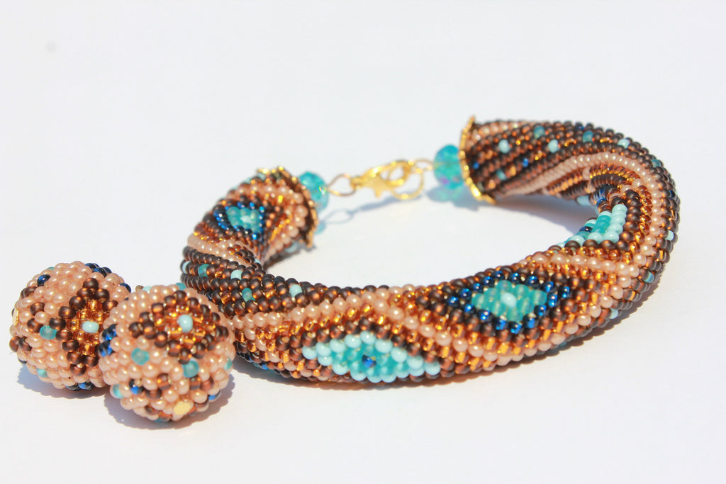 Teacher appreciation gift brown and blue Crocheted geometric bracelets for women, Mothers Day gift idea for wife, Seed Bead bangle Beadwork