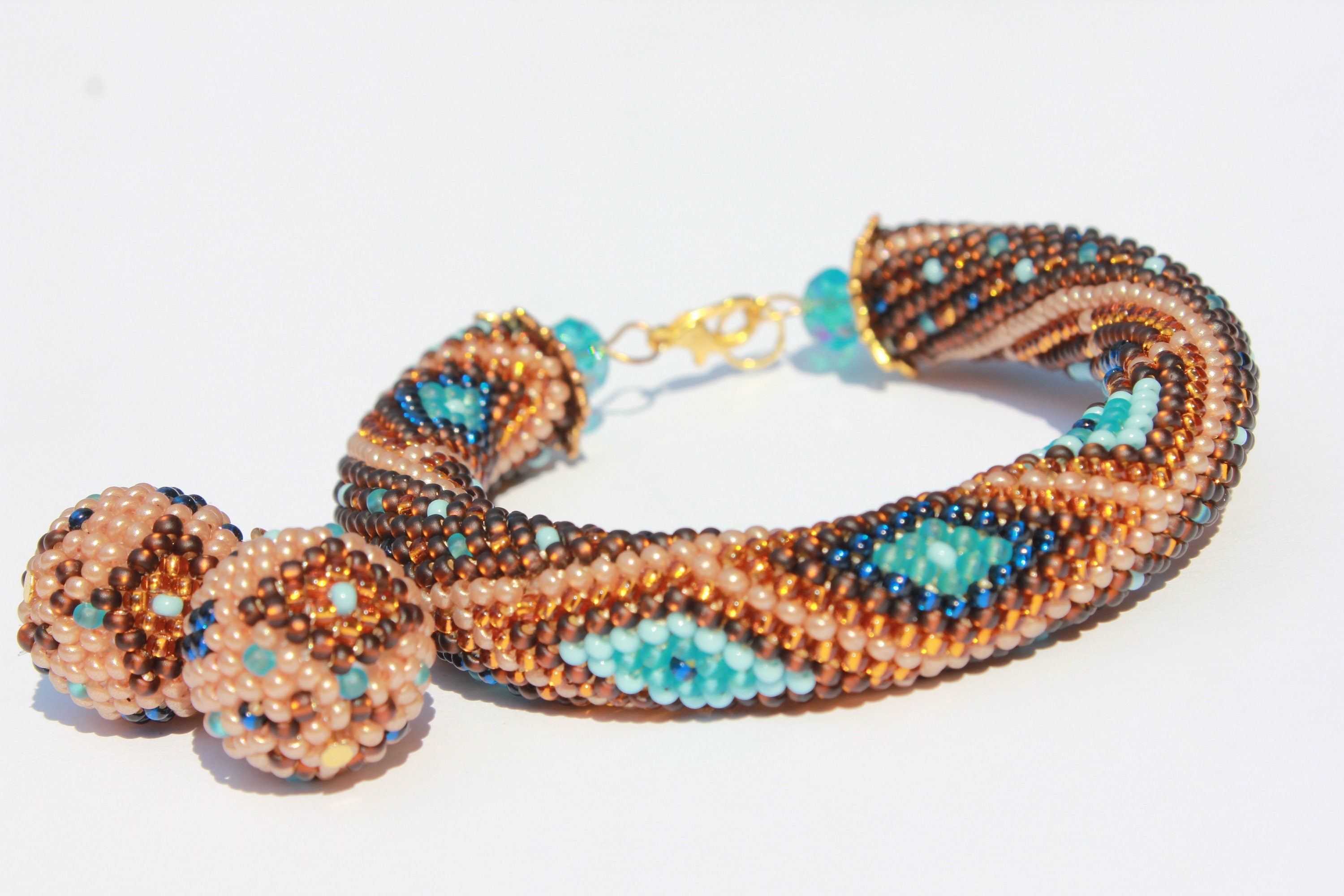 Teacher appreciation gift brown and blue Crocheted geometric bracelets for women, Mothers Day gift idea for wife, Seed Bead bangle Beadwork