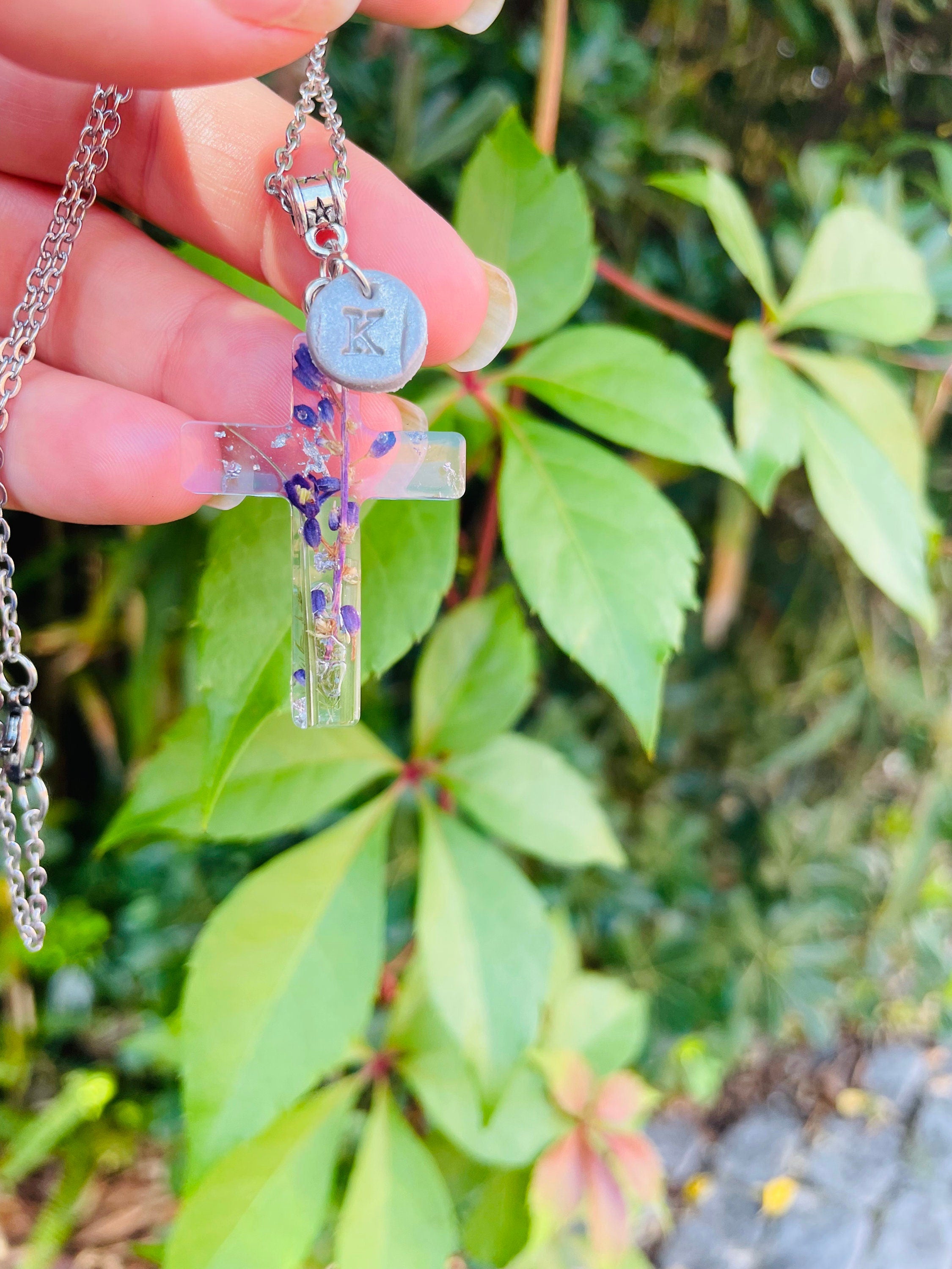 Pressed Flower Cross Necklace: August Birth Flower Gladiolus, Personalized Initial