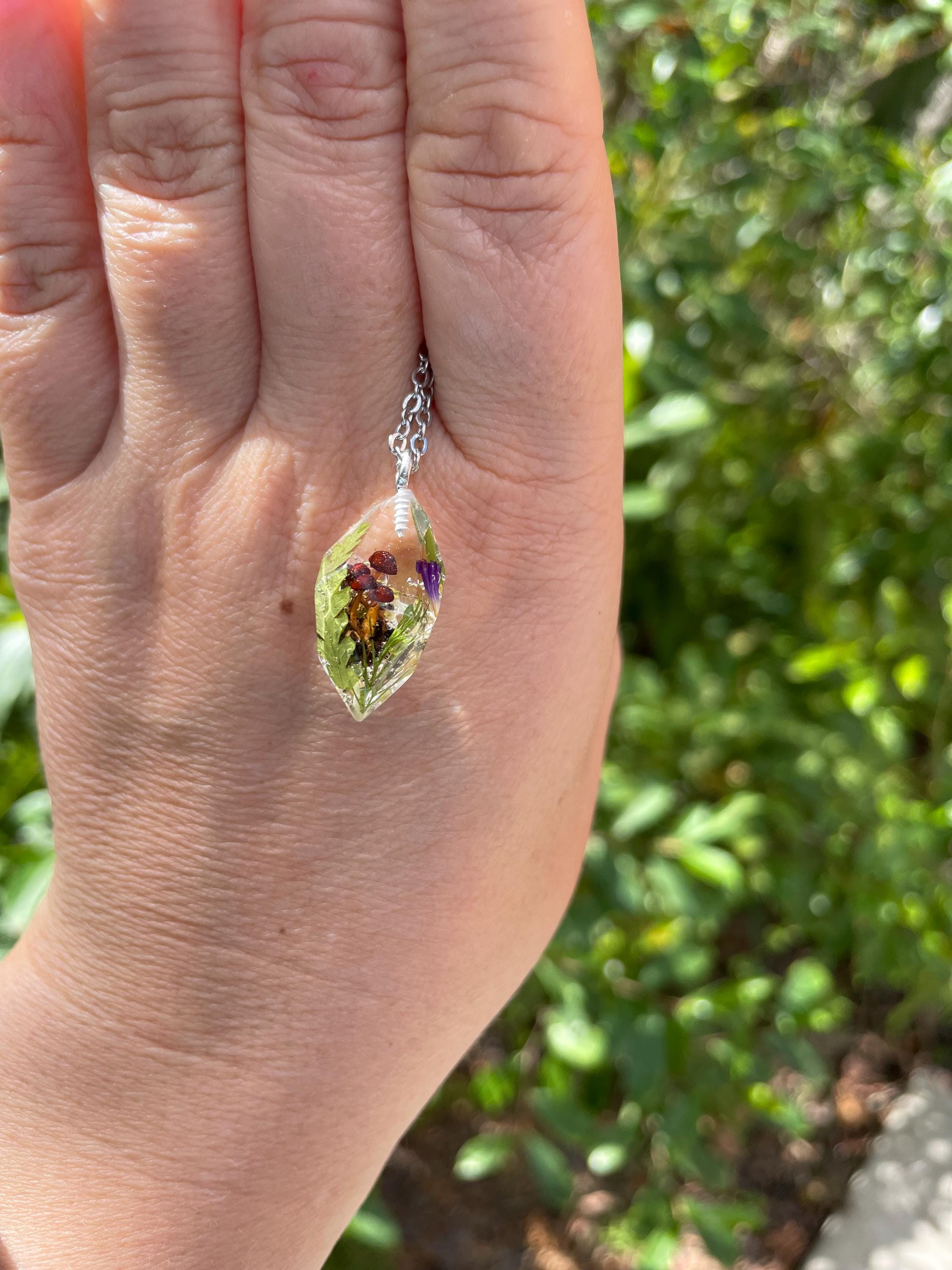 Mushroom crystal necklace dainty silver necklace mushroom pendant terrarium resin jewelry moss Miniature Forest personalized jewelry gift
