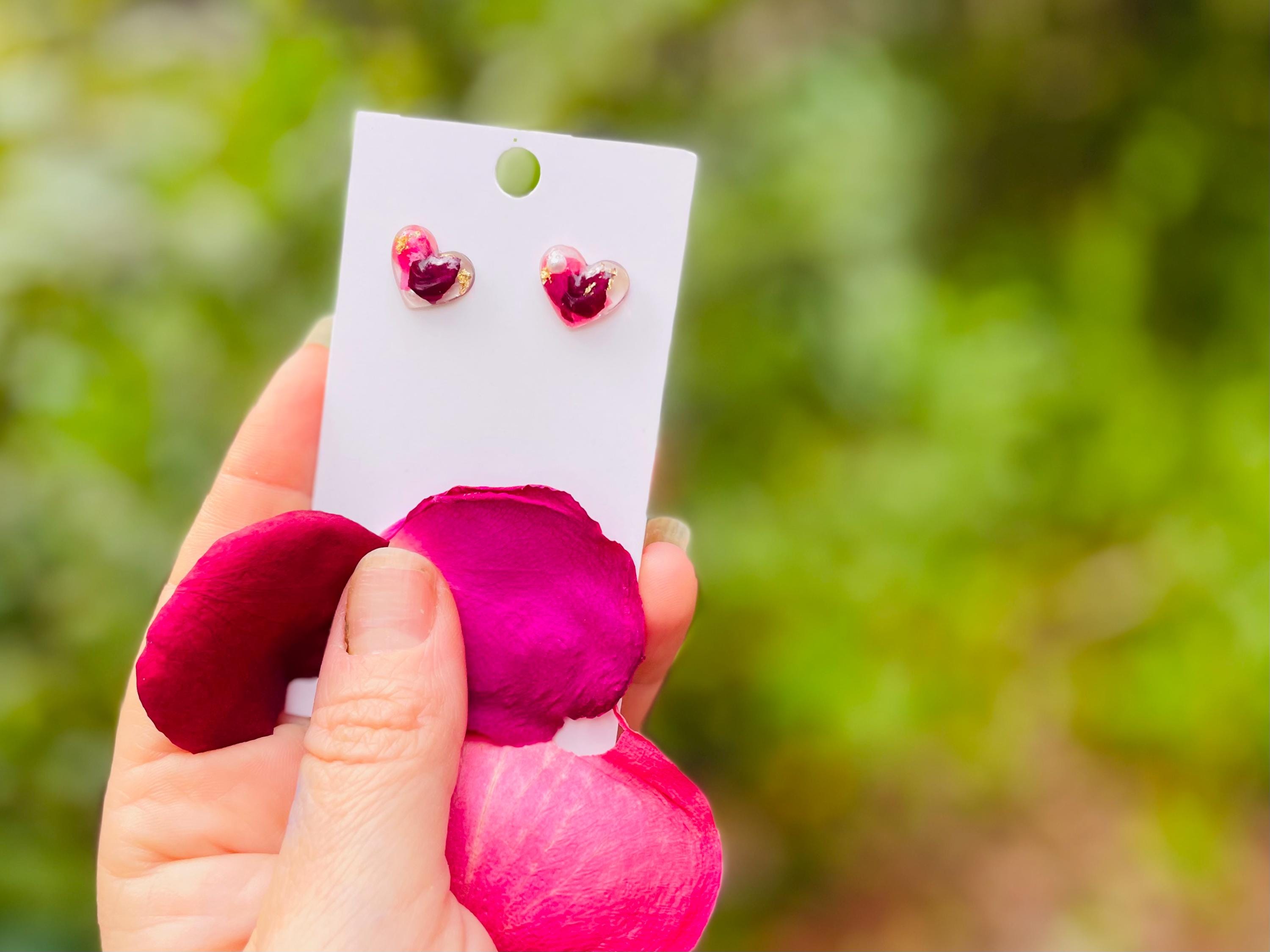 Handmade Heart Rose Stud Earrings: Titanium Resin Flower Earrings June Birth Month