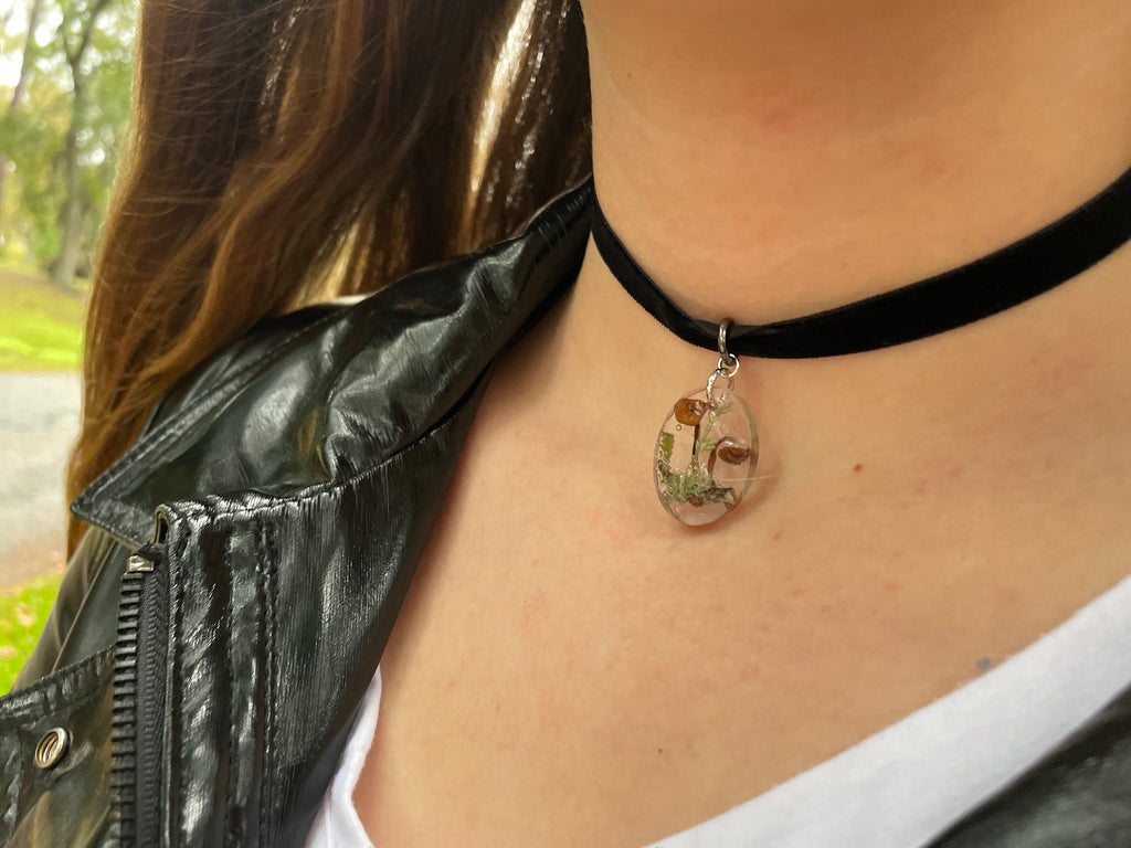 Real Mushroom fern pendant necklace resin personalized birthstone velvet ribbon choker black gothic mushroom jewelry unique holiday gift her